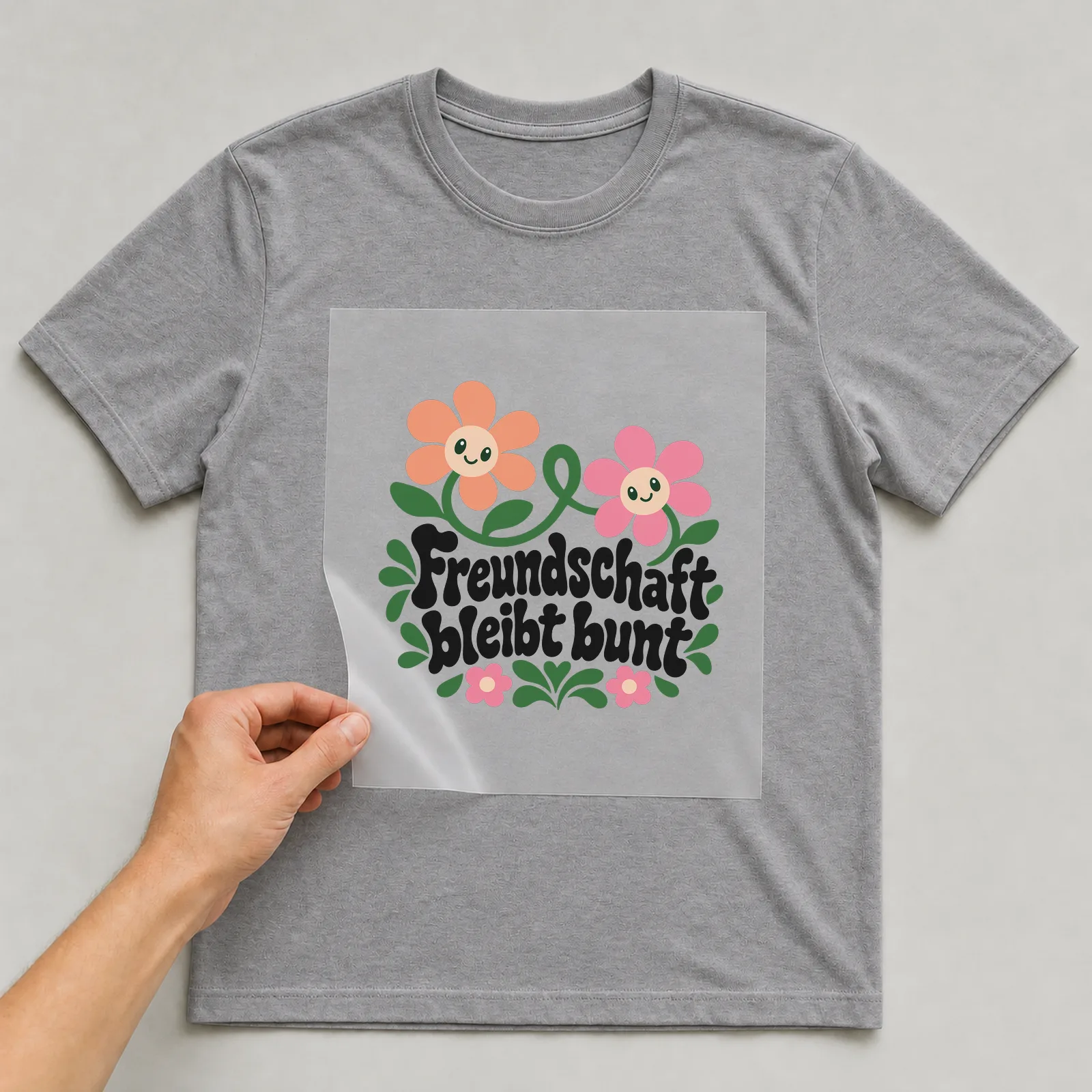 Bügelbild „Freundschaft bleibt bunt“ auf grauem T-Shirt, Folie wird aufgelegt