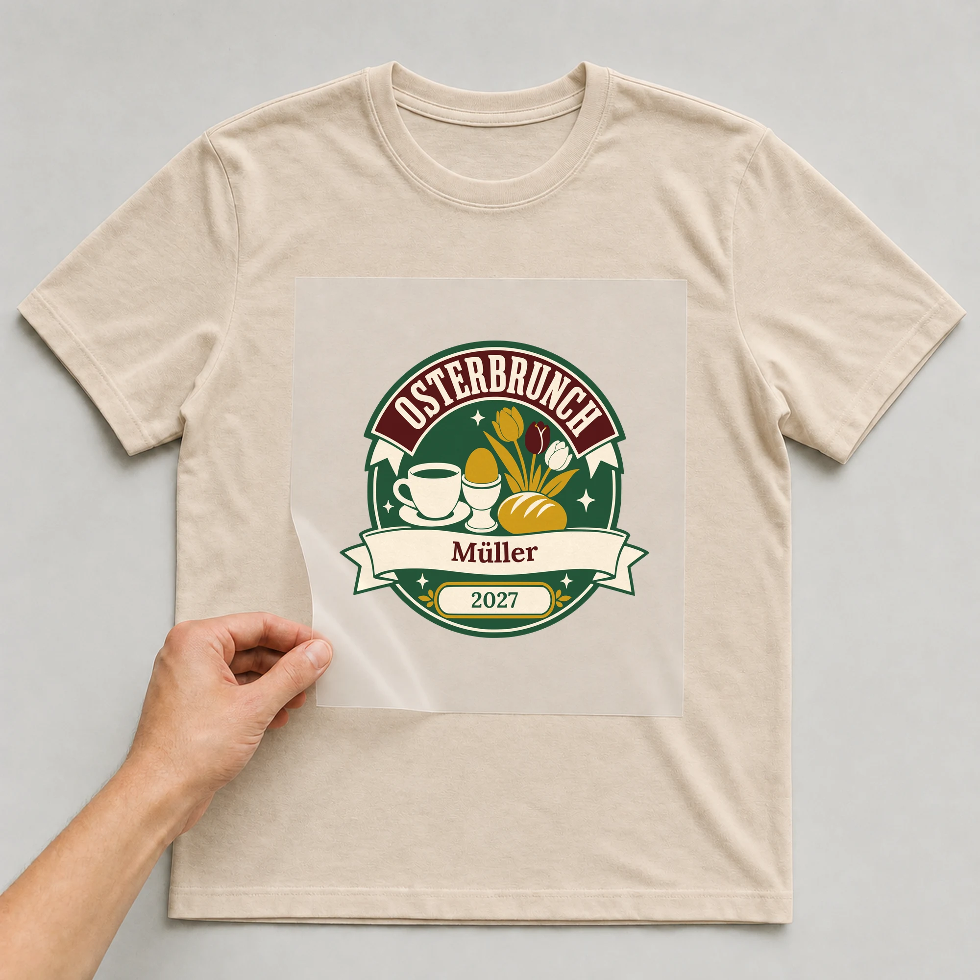 Bügelbild Osterbrunch mit Nachname und Jahr auf beigem T-Shirt, Folie wird aufgelegt