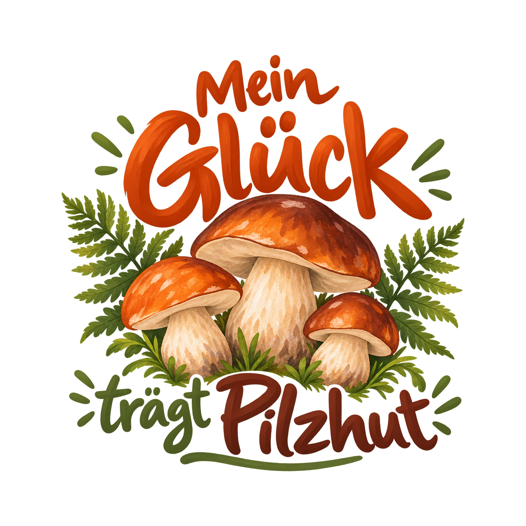 Bügelbild Mein Glück trägt Pilzhut als Grafik auf weißem Hintergrund (BB014476)
