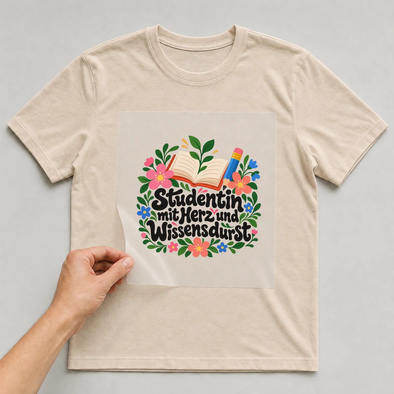 Bügelbild „Studentin mit Herz und Wissensdurst“ auf beigem T-Shirt, Folie wird aufgelegt