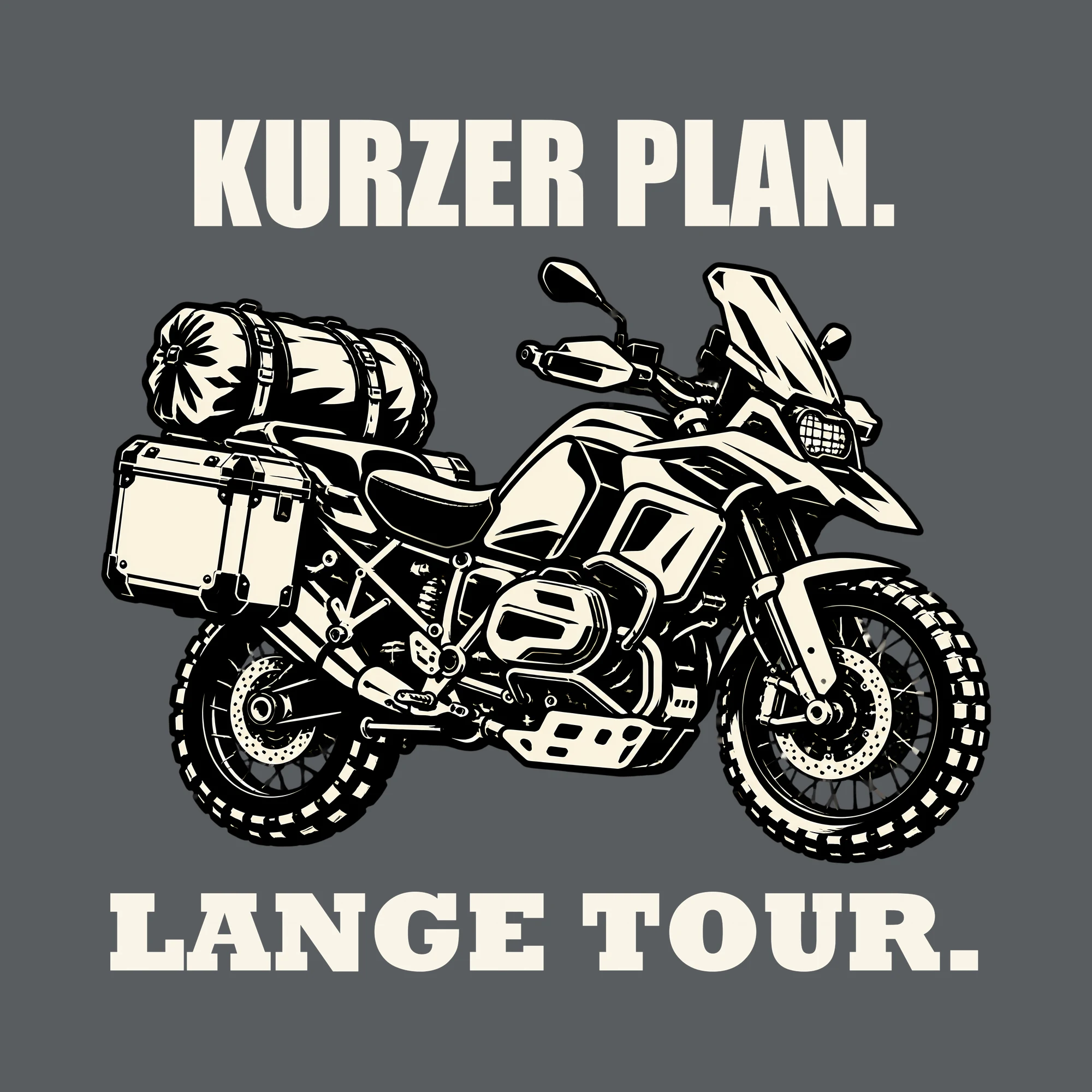 Bügelbild KURZER PLAN. LANGE TOUR. als Grafik auf dunklem Hintergrund (BB012733)