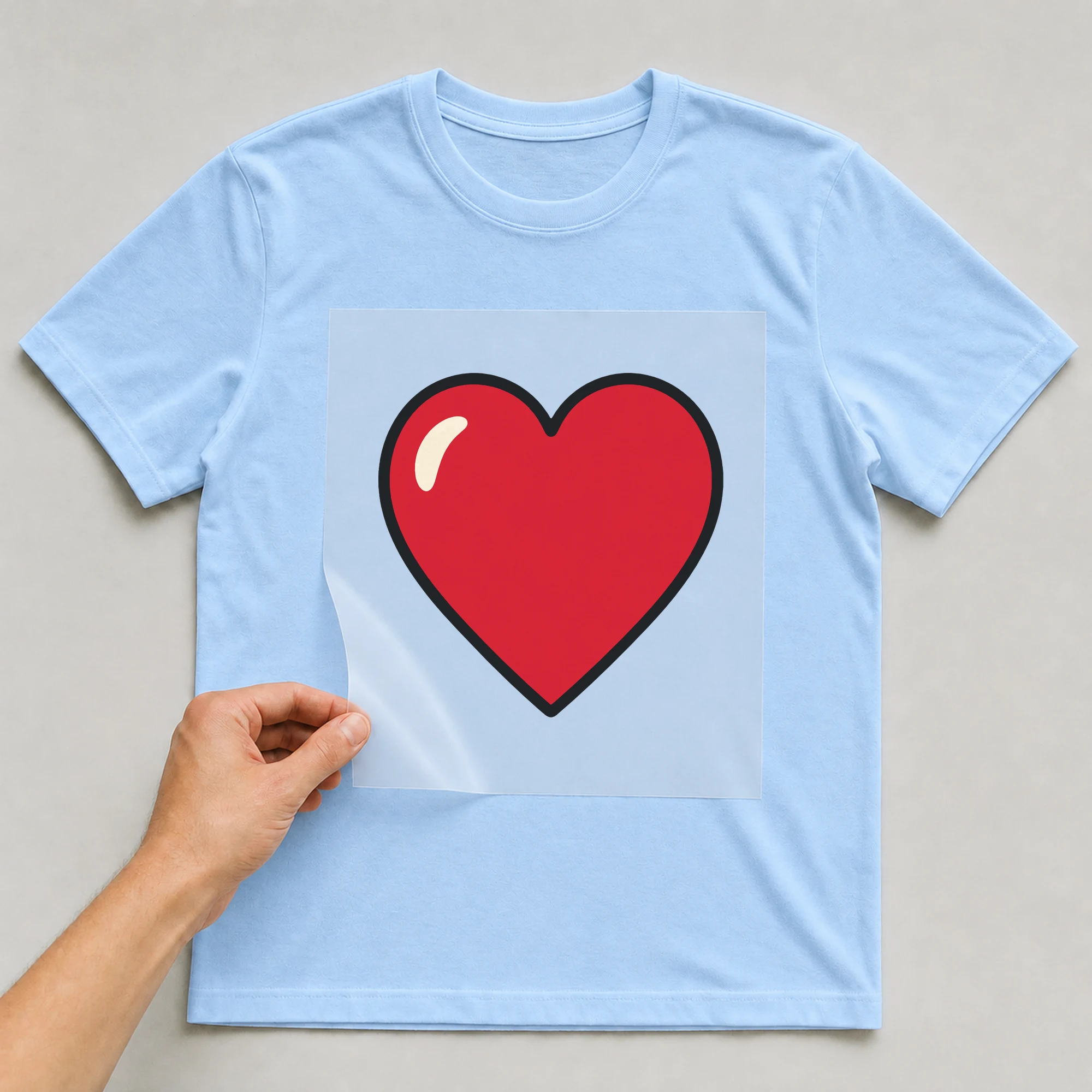 Bügelbild „Herz“ auf babyblauem T-Shirt, Folie wird aufgelegt