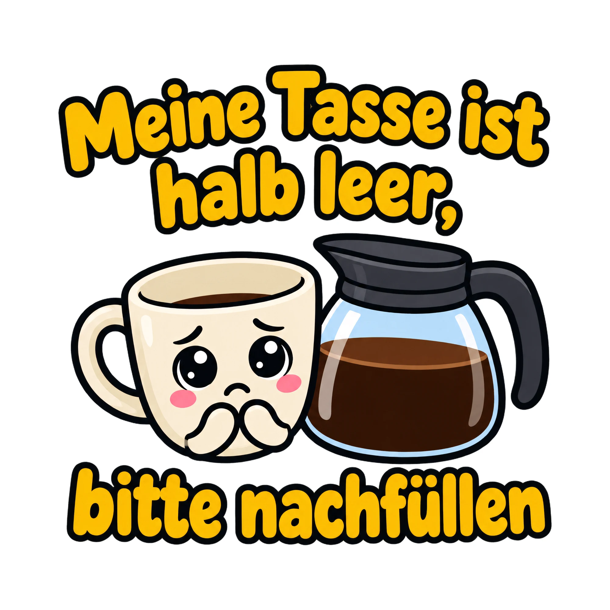 Bügelbild Meine Tasse ist halb leer, bitte nachfüllen als Grafik auf weißem Hintergrund (BB019628)