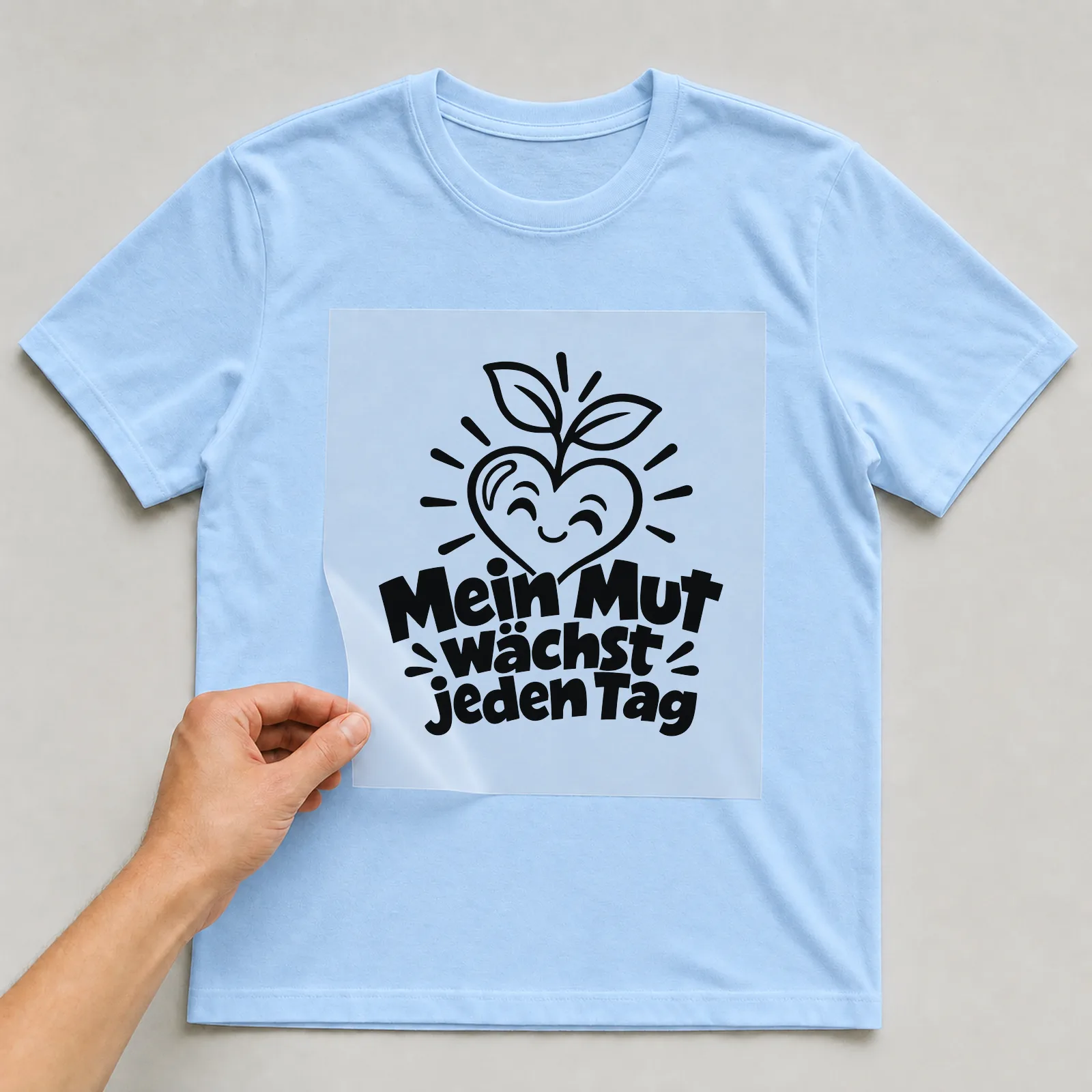 Bügelbild „Mein Mut wächst jeden Tag“ auf hellblauem T-Shirt, Folie wird aufgelegt