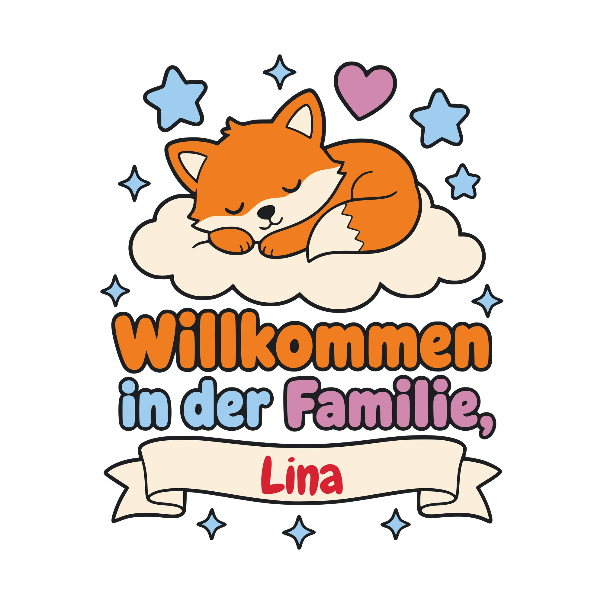 Bügelbild Willkommen in der Familie mit Name als Grafik auf weißem Hintergrund (BB010466)
