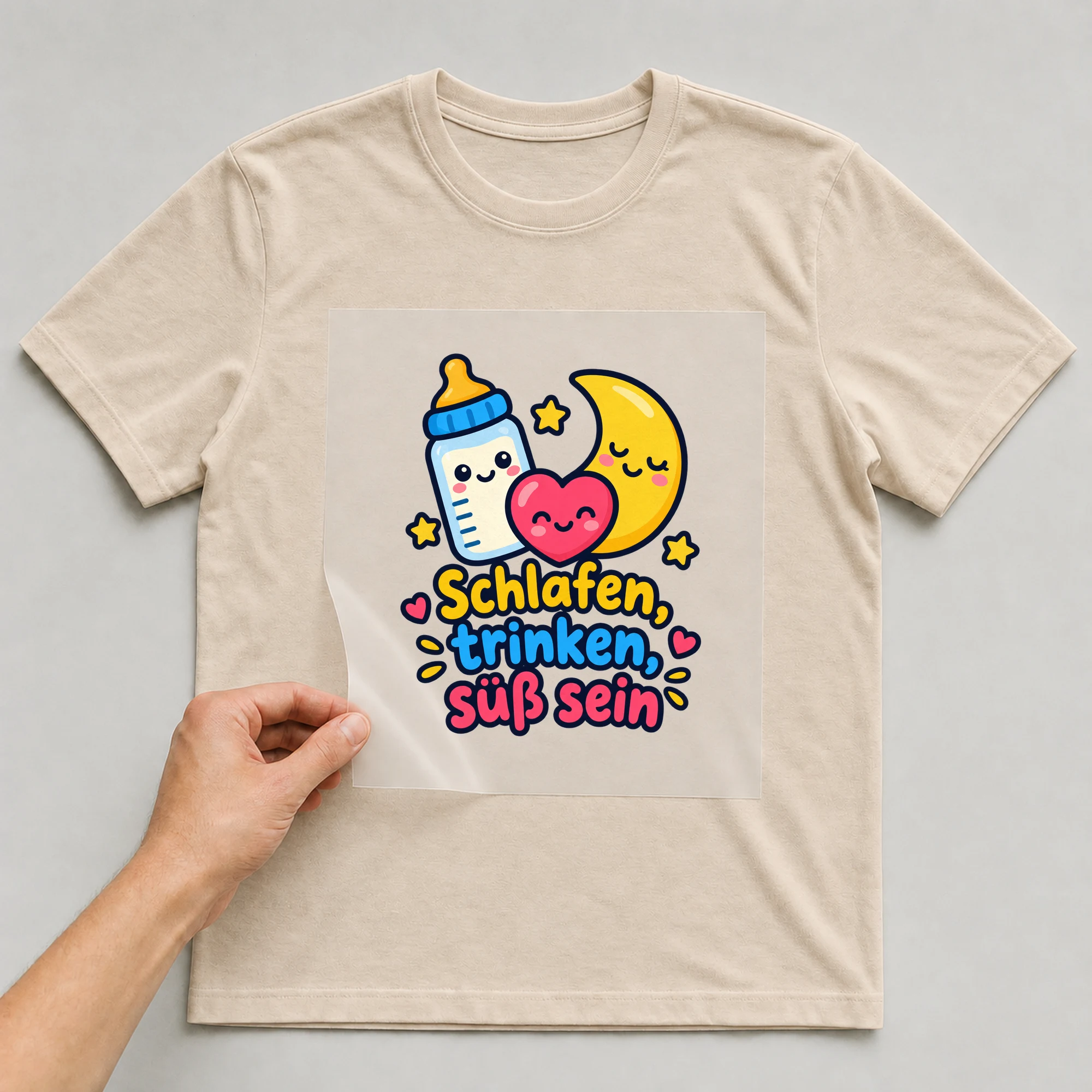 Bügelbild „Schlafen, trinken, süß sein“ auf beigem T-Shirt, Folie wird aufgelegt