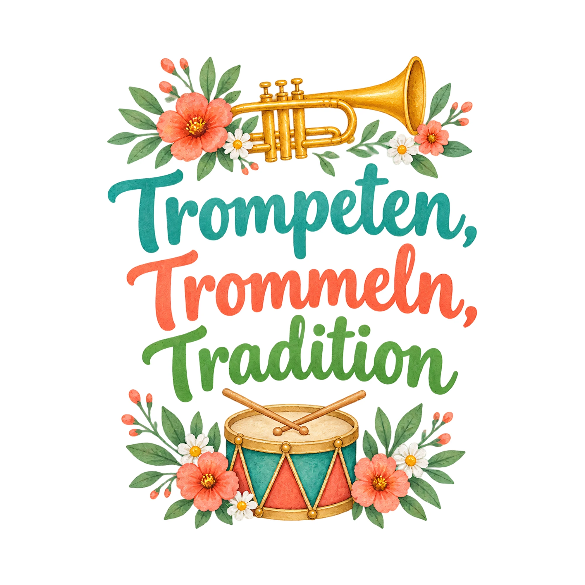 Bügelbild Trompeten, Trommeln, Tradition, Vereine Shirt Spruch als Grafik auf weißem Hintergrund (BB020479)