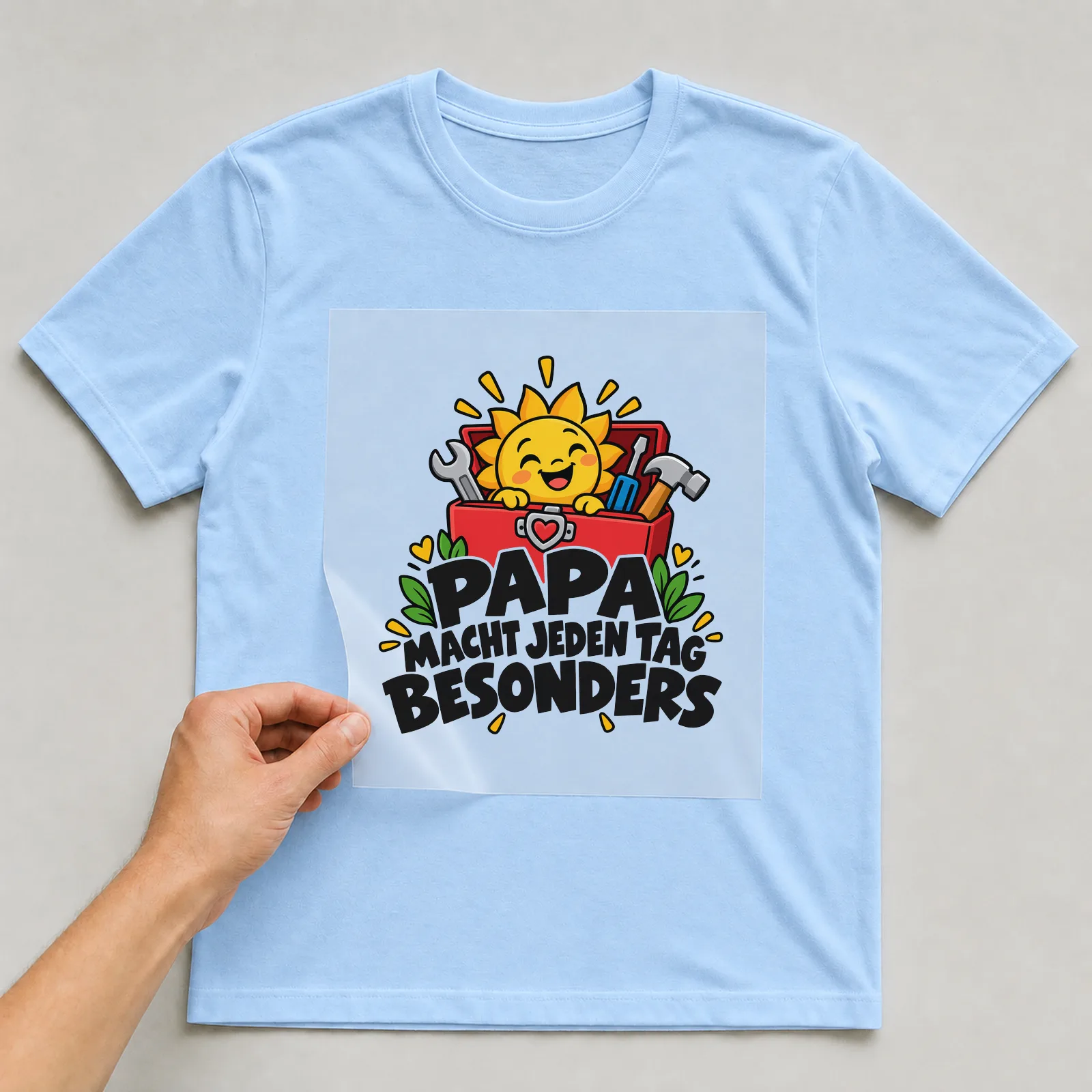 Bügelbild „Papa macht jeden Tag besonders“ auf hellblauem T-Shirt, Folie wird aufgelegt