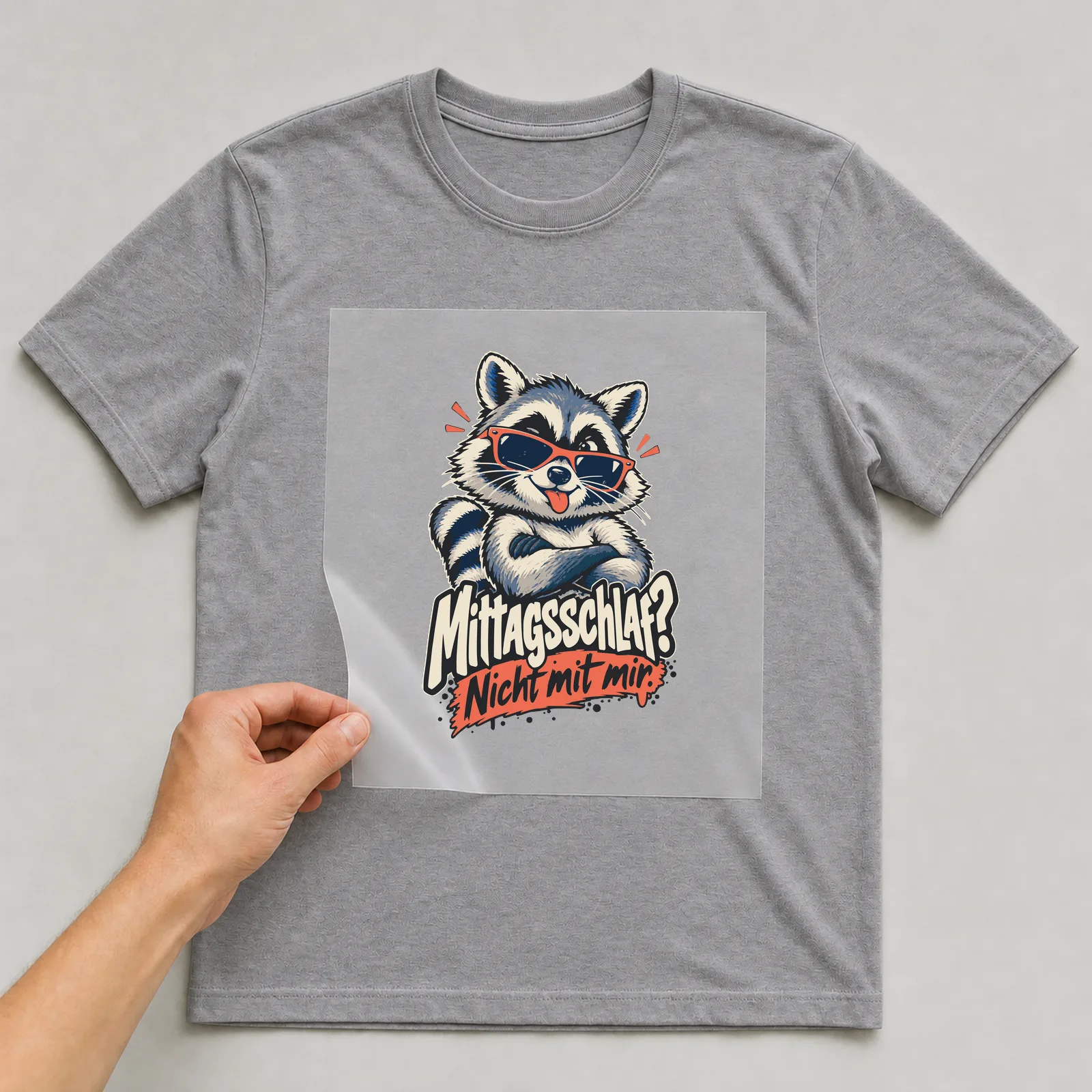 Bügelbild Mittagsschlaf? Nicht mit mir. auf grauem T-Shirt, Folie wird aufgelegt