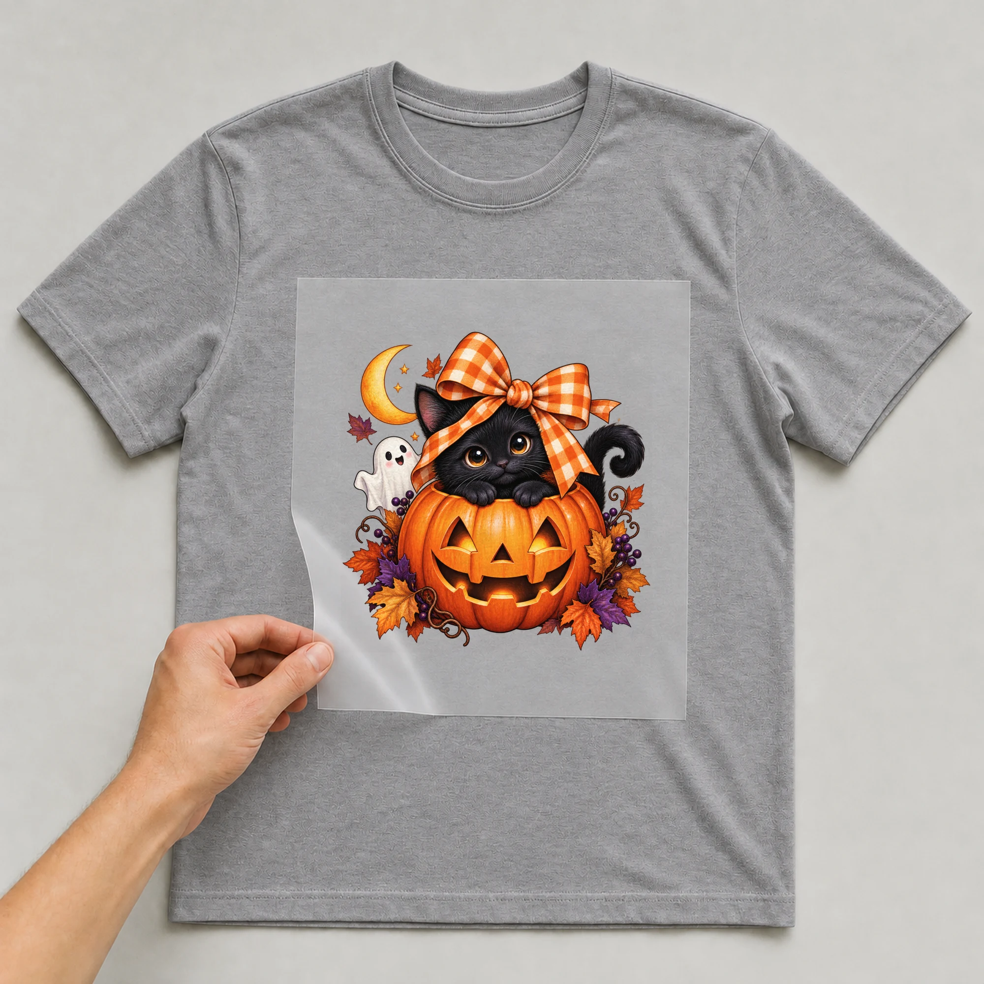 Bügelbild „Schwarze Katze im Kürbis mit Schleife“ auf grauem T-Shirt, Folie wird aufgelegt