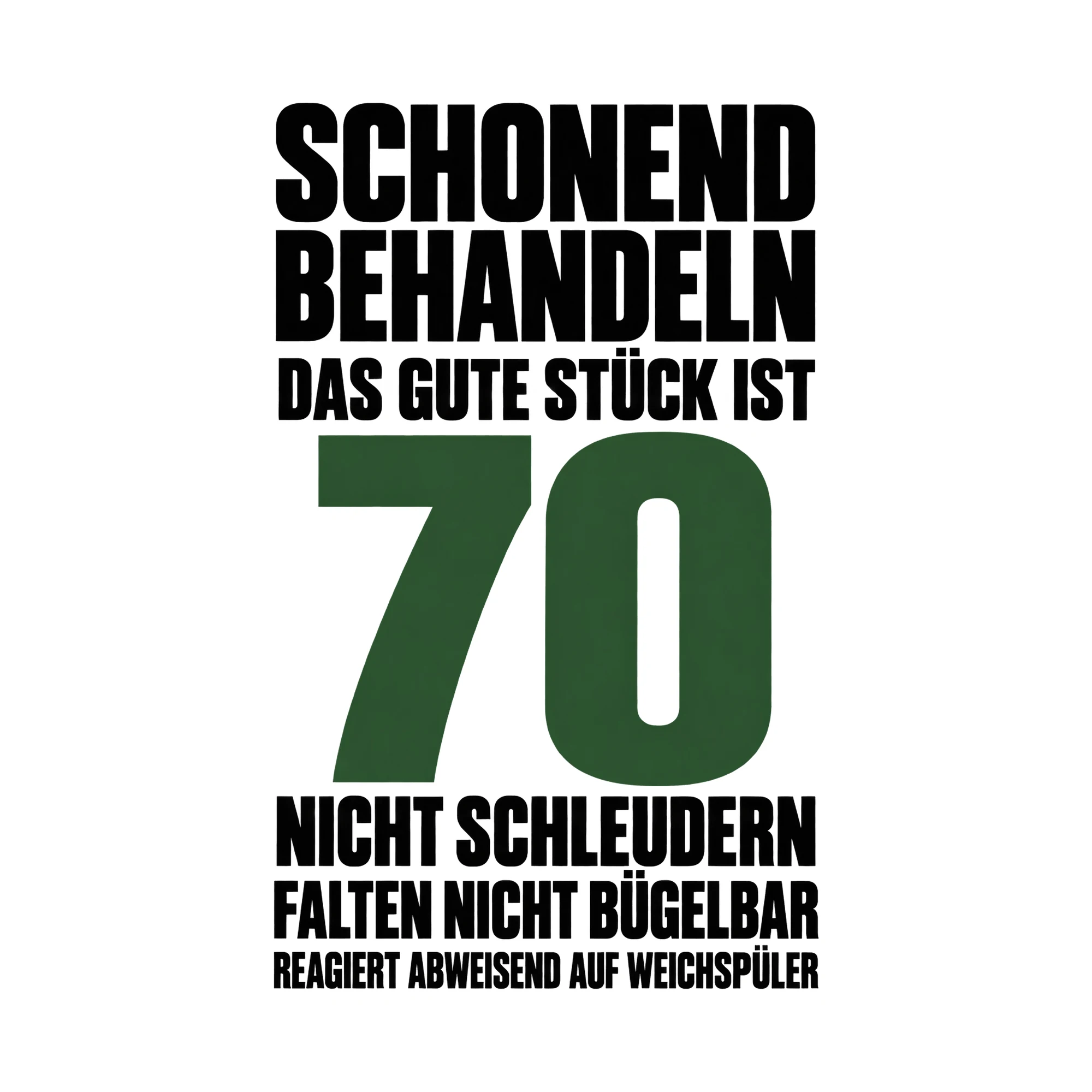 Bügelbild „Schonend behandeln das gute Stück ist 70 nicht schleudern falten nicht“ als Grafik auf weißem Hintergrund (BB015228)