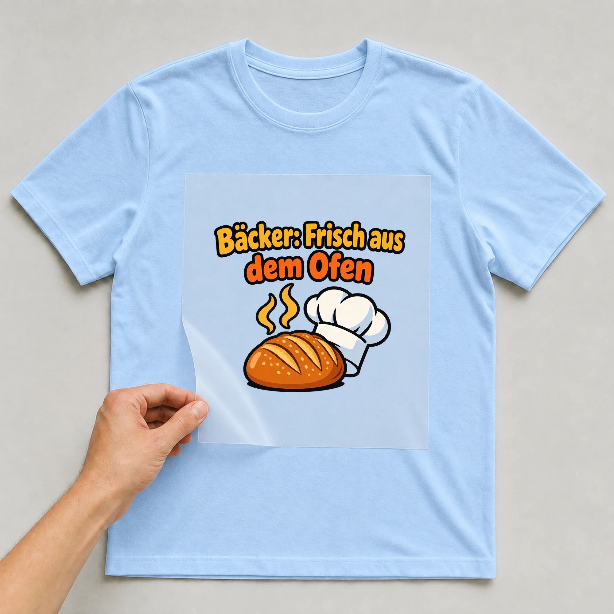 Bügelbild „Bäcker: Frisch aus dem Ofen“ auf babyblauem T-Shirt, Folie wird aufgelegt