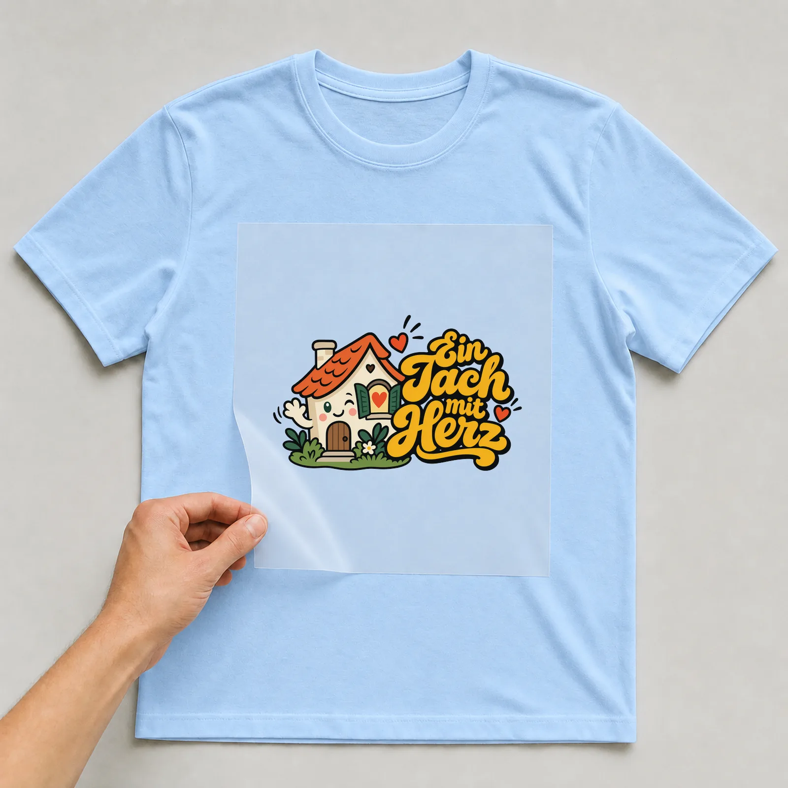 Bügelbild „Ein Tach mit Herz“ auf hellblauem T-Shirt, Folie wird aufgelegt