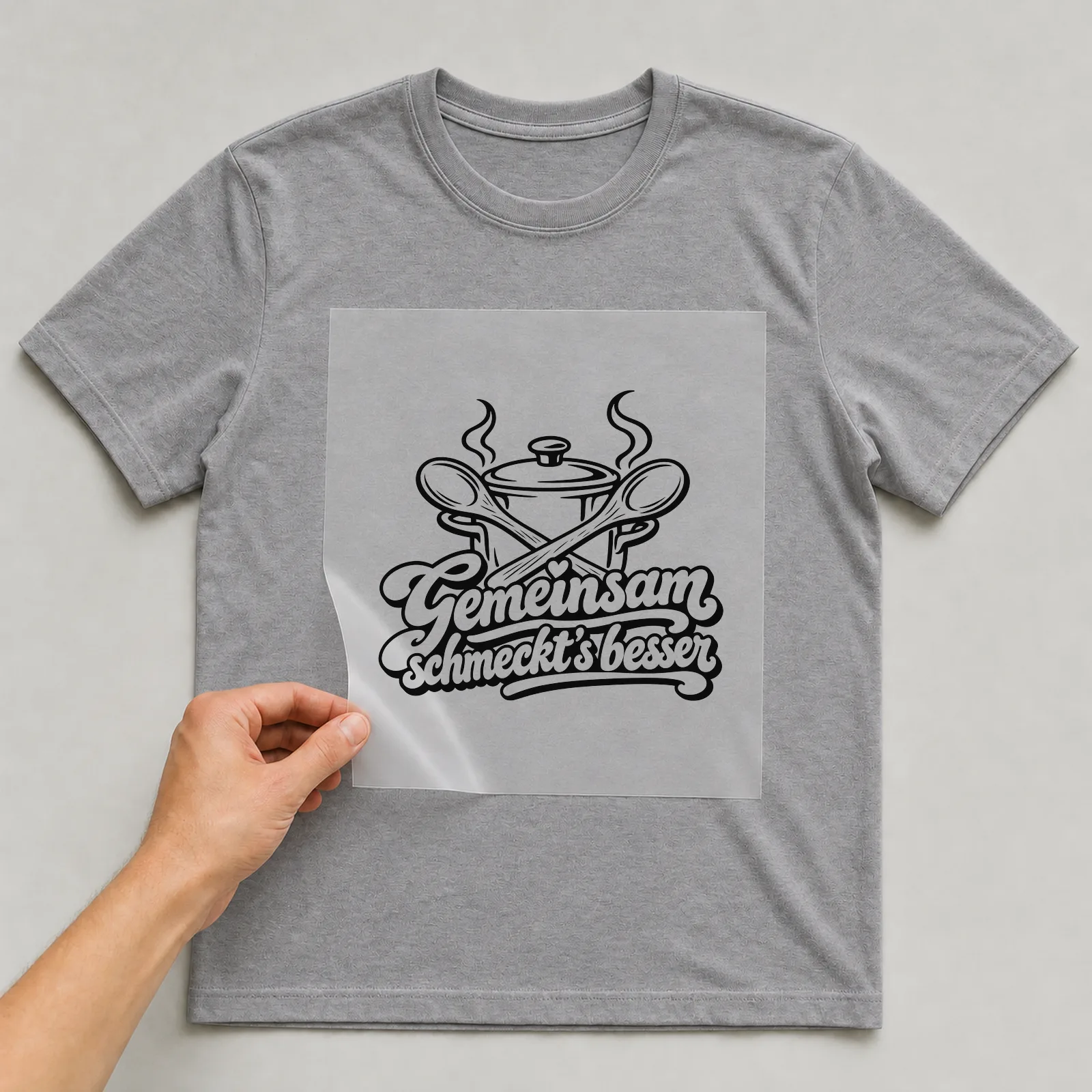Bügelbild „Gemeinsam schmeckt’s besser“ auf grauem T-Shirt, Folie wird aufgelegt