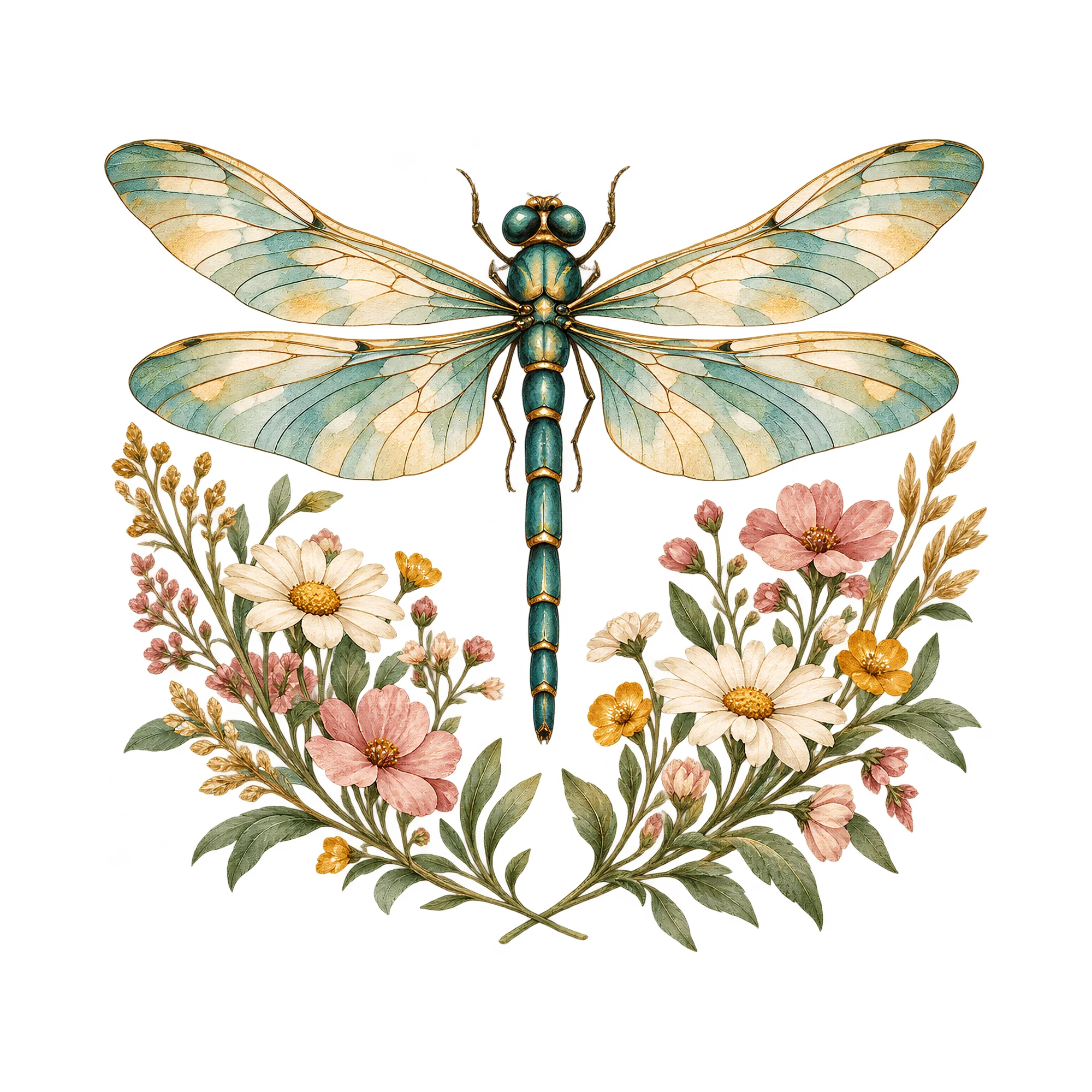 Bügelbild „Libelle auf der Wiese“, Natur Shirt Motiv als Grafik auf weißem Hintergrund (BB019085)