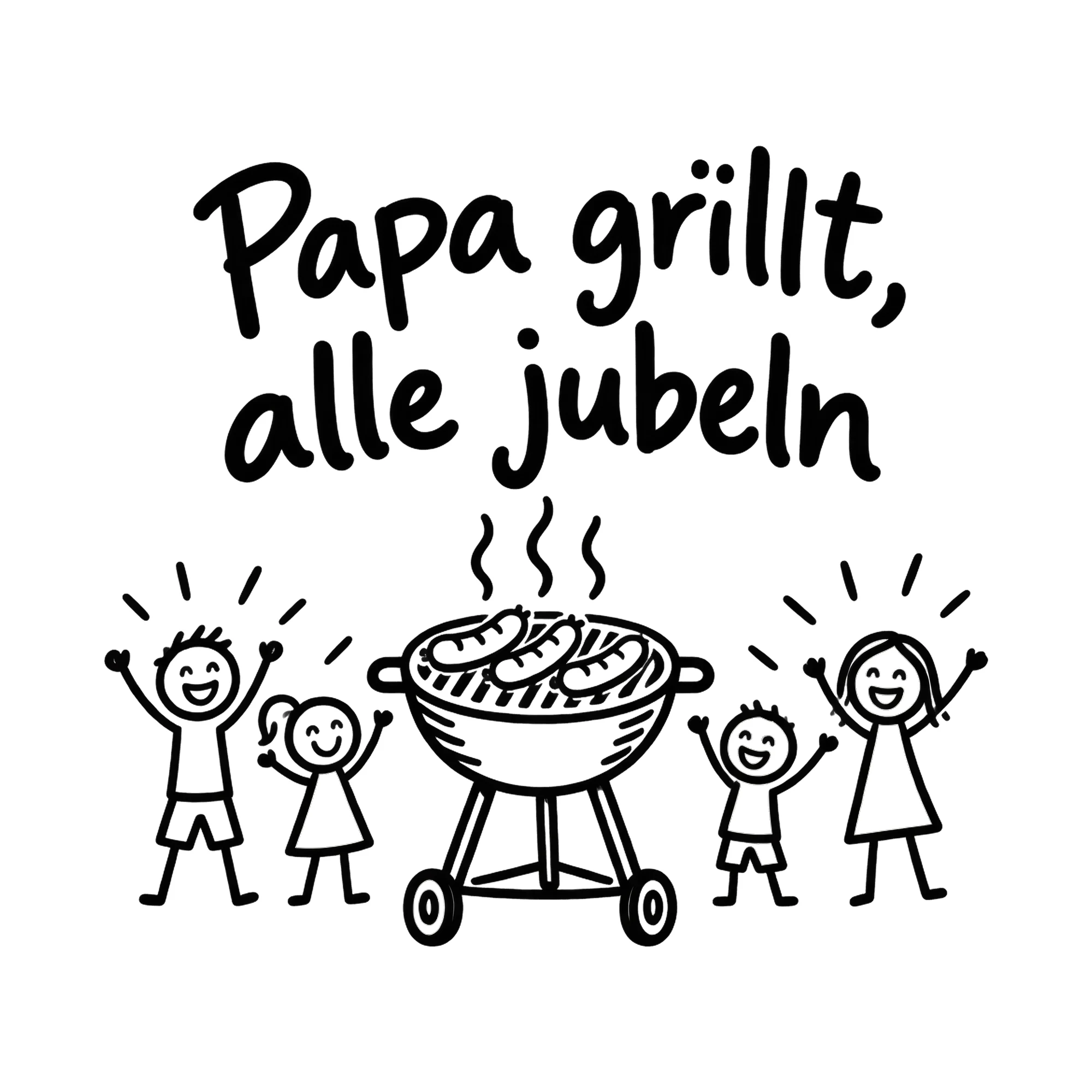 Bügelbild Papa grillt, alle jubeln als Grafik auf weißem Hintergrund (BB019220)
