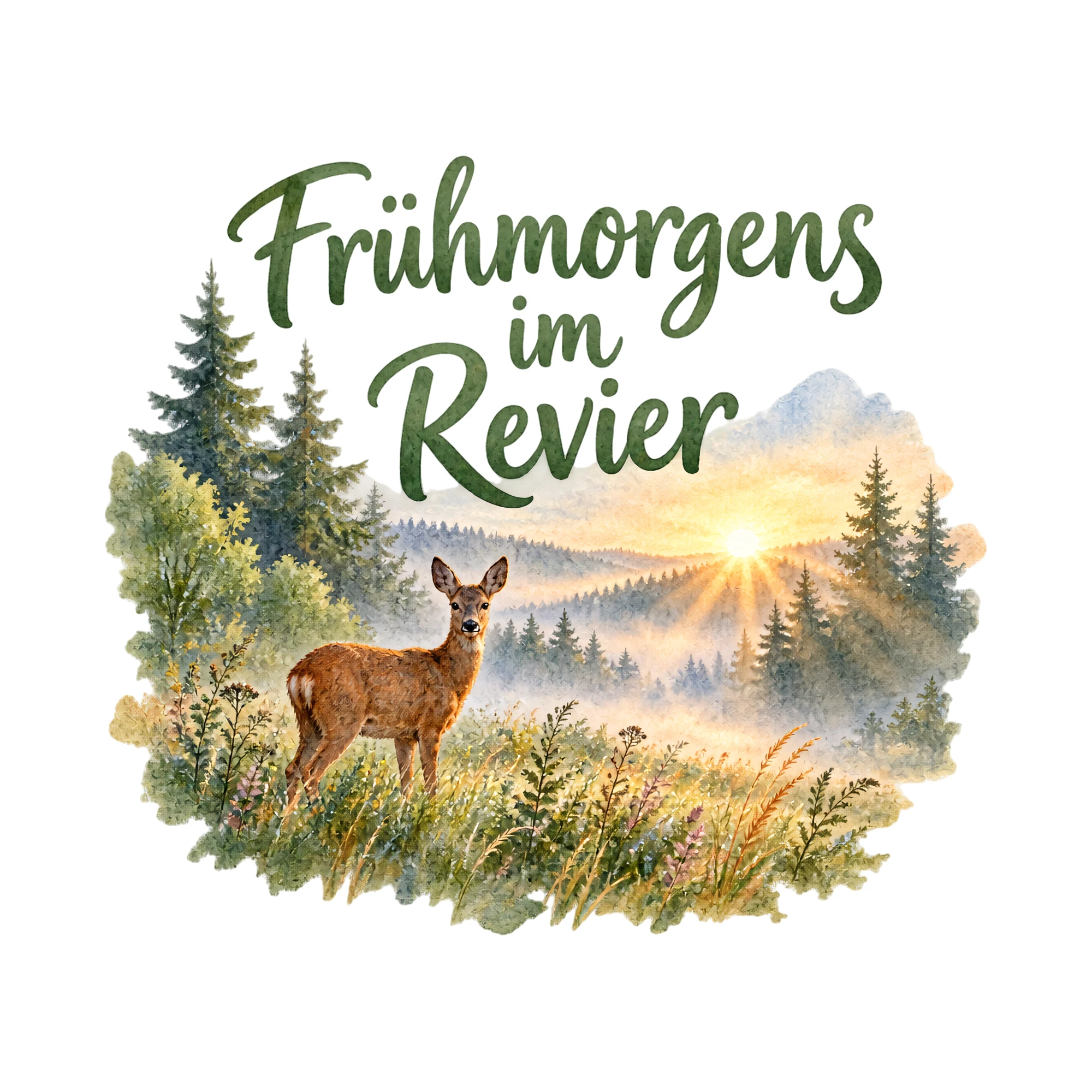 Bügelbild Frühmorgens im Revier als Grafik auf weißem Hintergrund (BB019336)