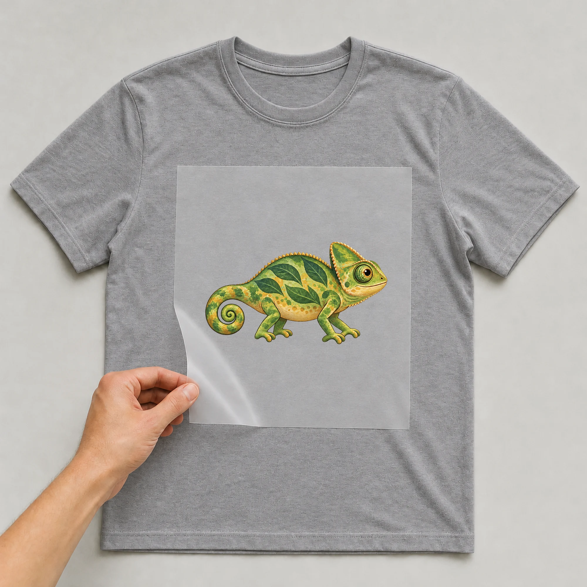 Bügelbild „Chamäleon“ auf grauem T-Shirt, Folie wird aufgelegt