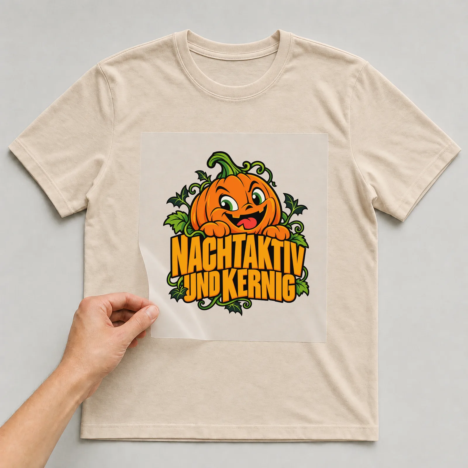 Bügelbild „Nachtaktiv und kernig“ auf beigem T-Shirt, Folie wird aufgelegt