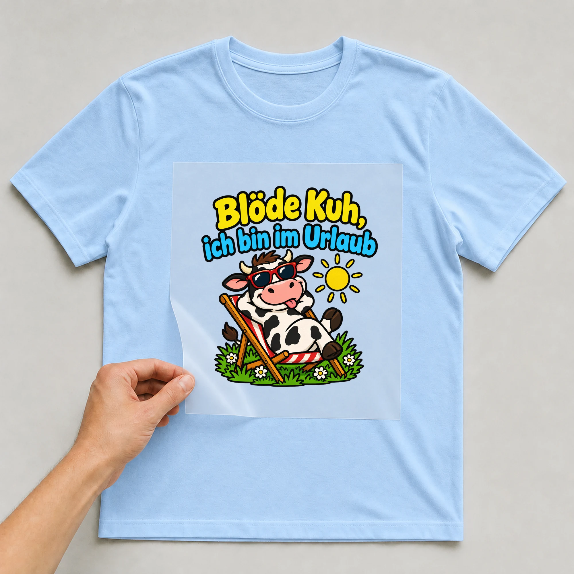 Bügelbild „Blöde Kuh, ich bin im Urlaub“ auf babyblauem T-Shirt, Folie wird aufgelegt