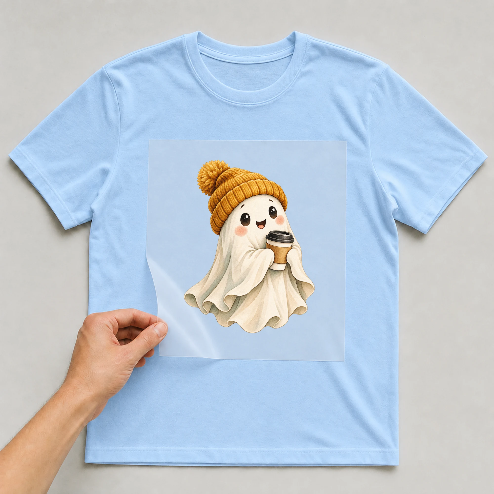 Bügelbild „Gespenst mit Kaffee“ auf babyblauem T-Shirt, Folie wird aufgelegt