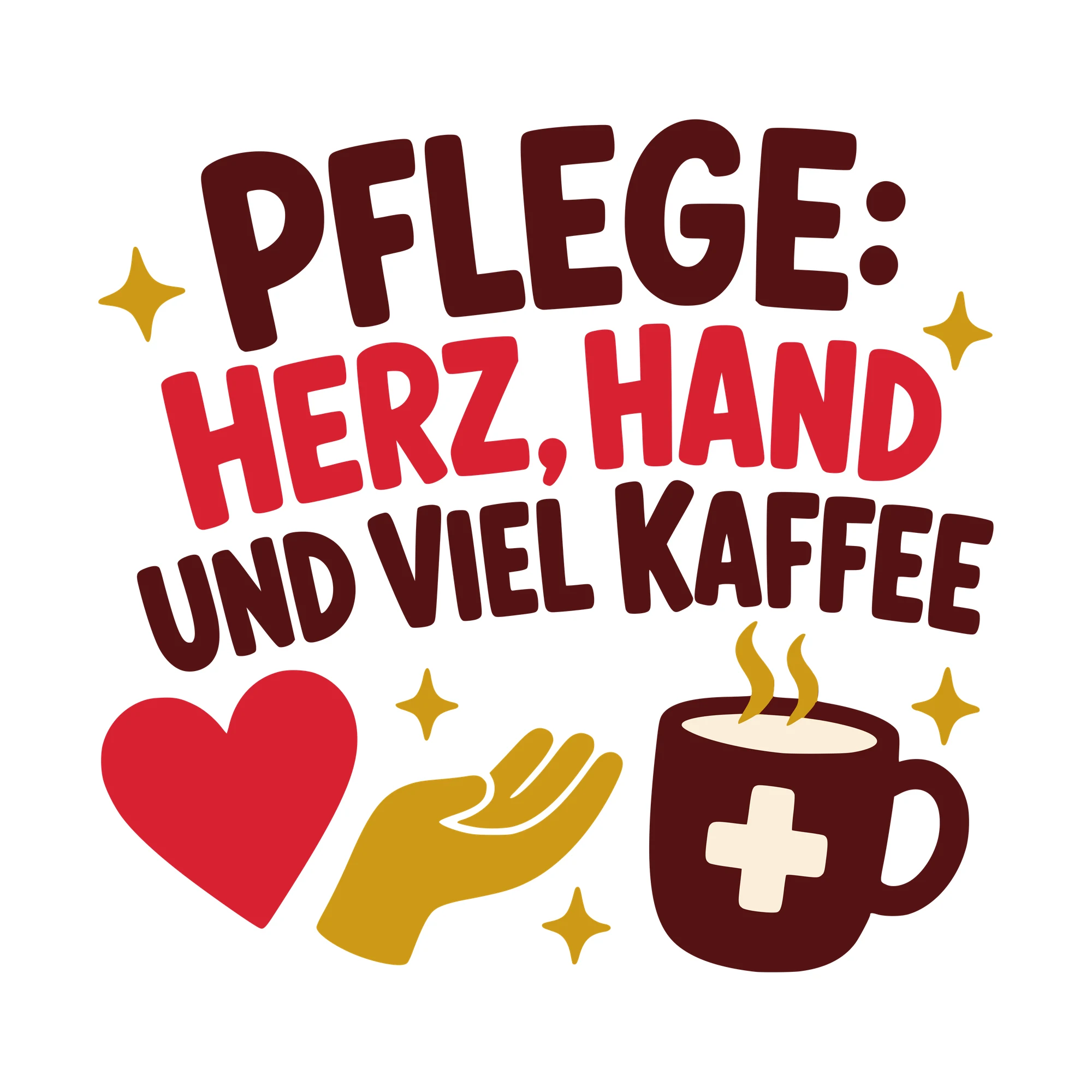 Bügelbild Pflege: Herz, Hand und viel Kaffee als Grafik auf weißem Hintergrund (BB010519)