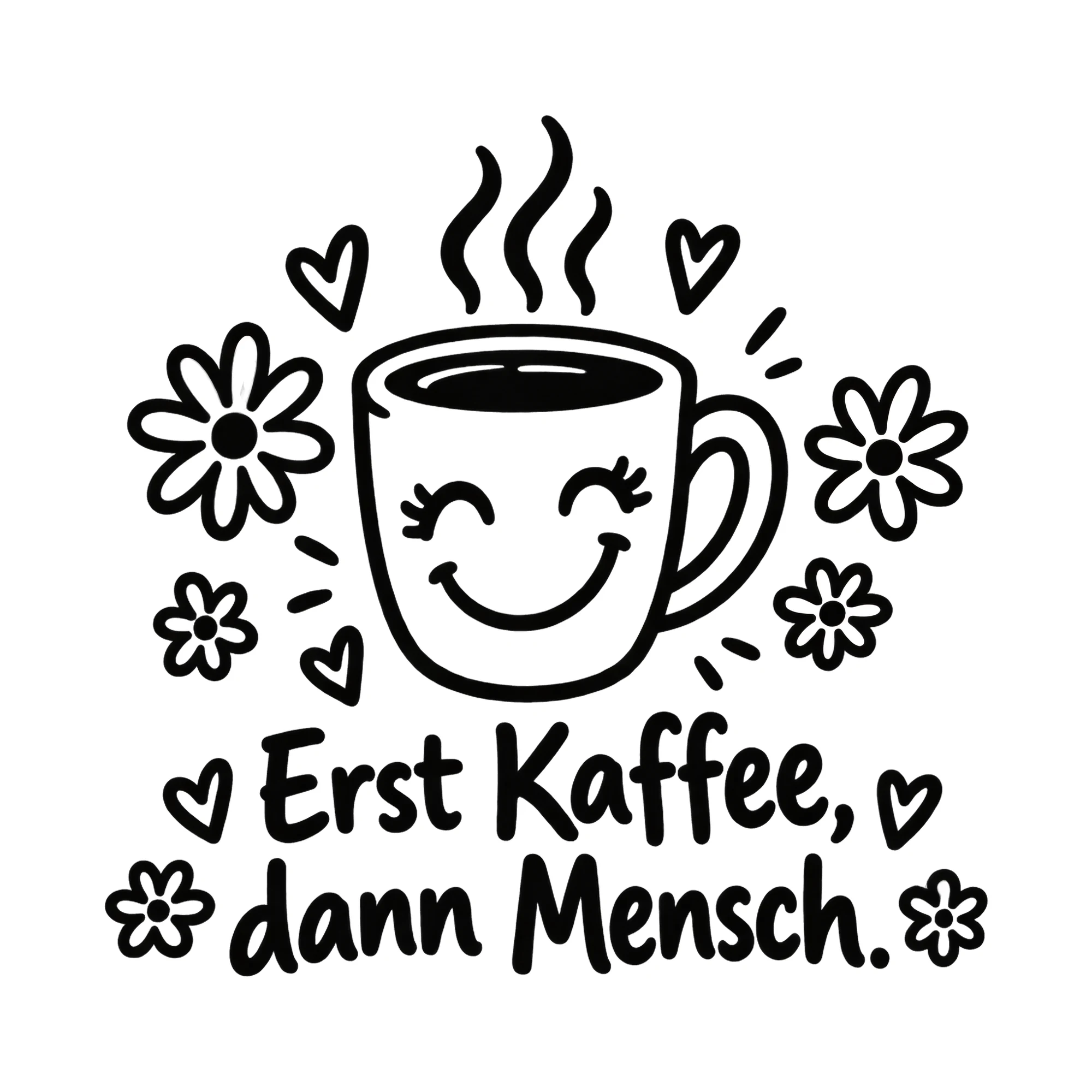 Bügelbild Kaffee macht glücklicher als Grafik auf weißem Hintergrund (BB012087)