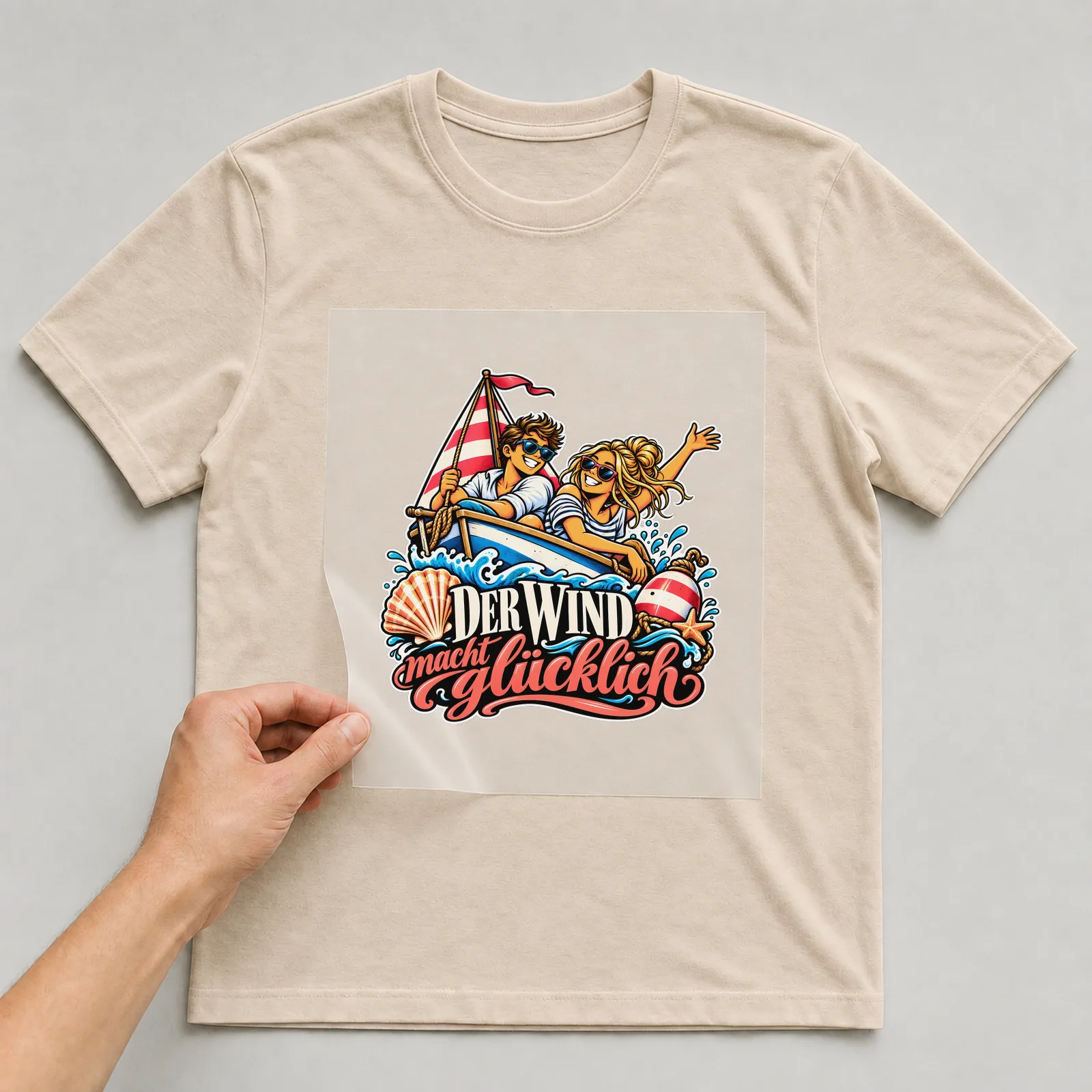 Bügelbild „Der Wind macht glücklich“ auf beigem T-Shirt, Folie wird aufgelegt