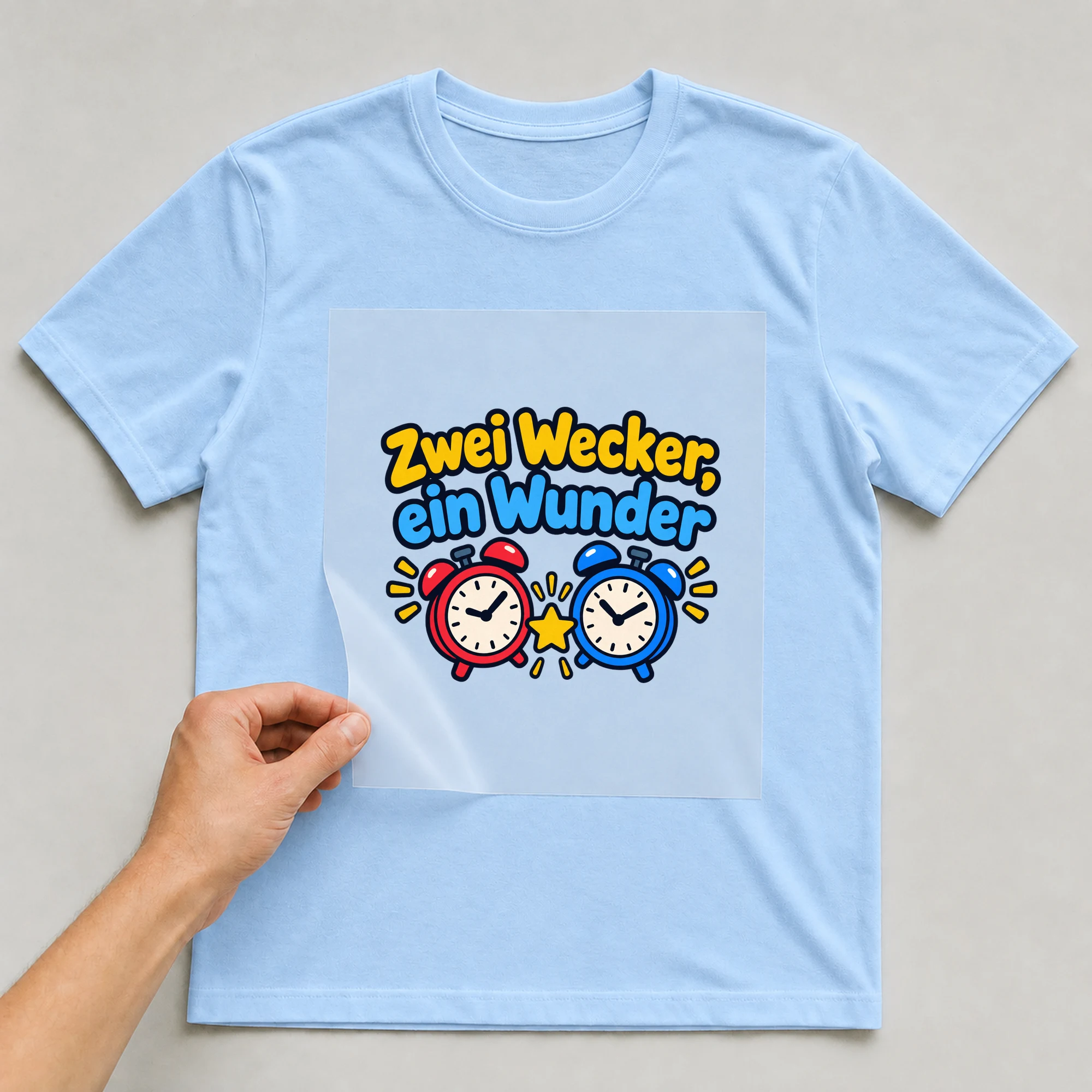 Bügelbild „Zwei Wecker, ein Wunder“ auf babyblauem T-Shirt, Folie wird aufgelegt