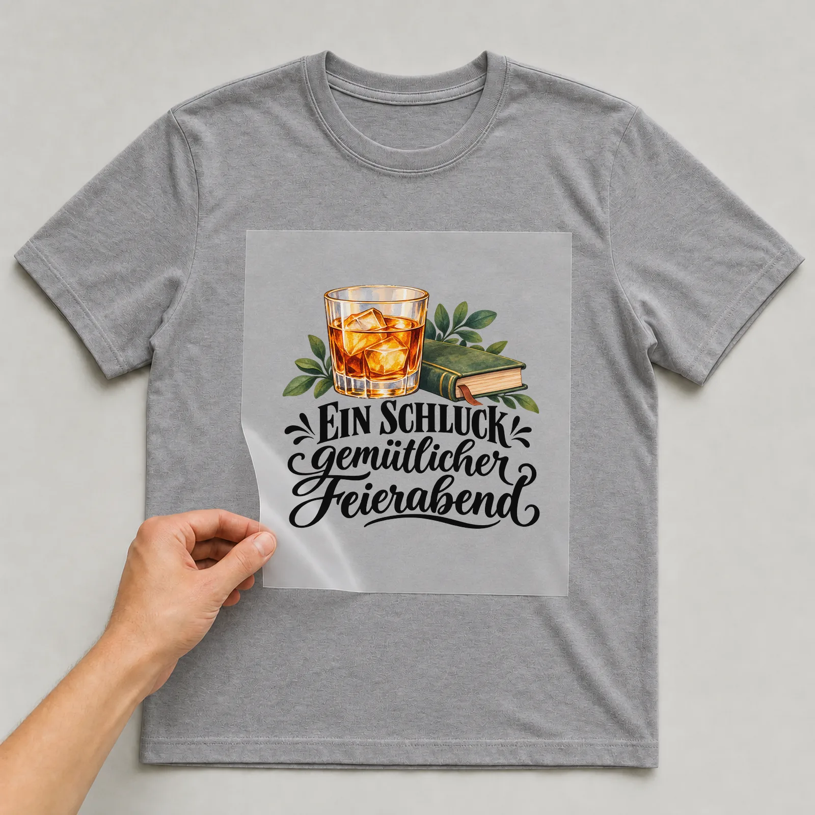 Bügelbild „Ein Schluck gemütlicher Feierabend“ auf grauem T-Shirt, Folie wird aufgelegt