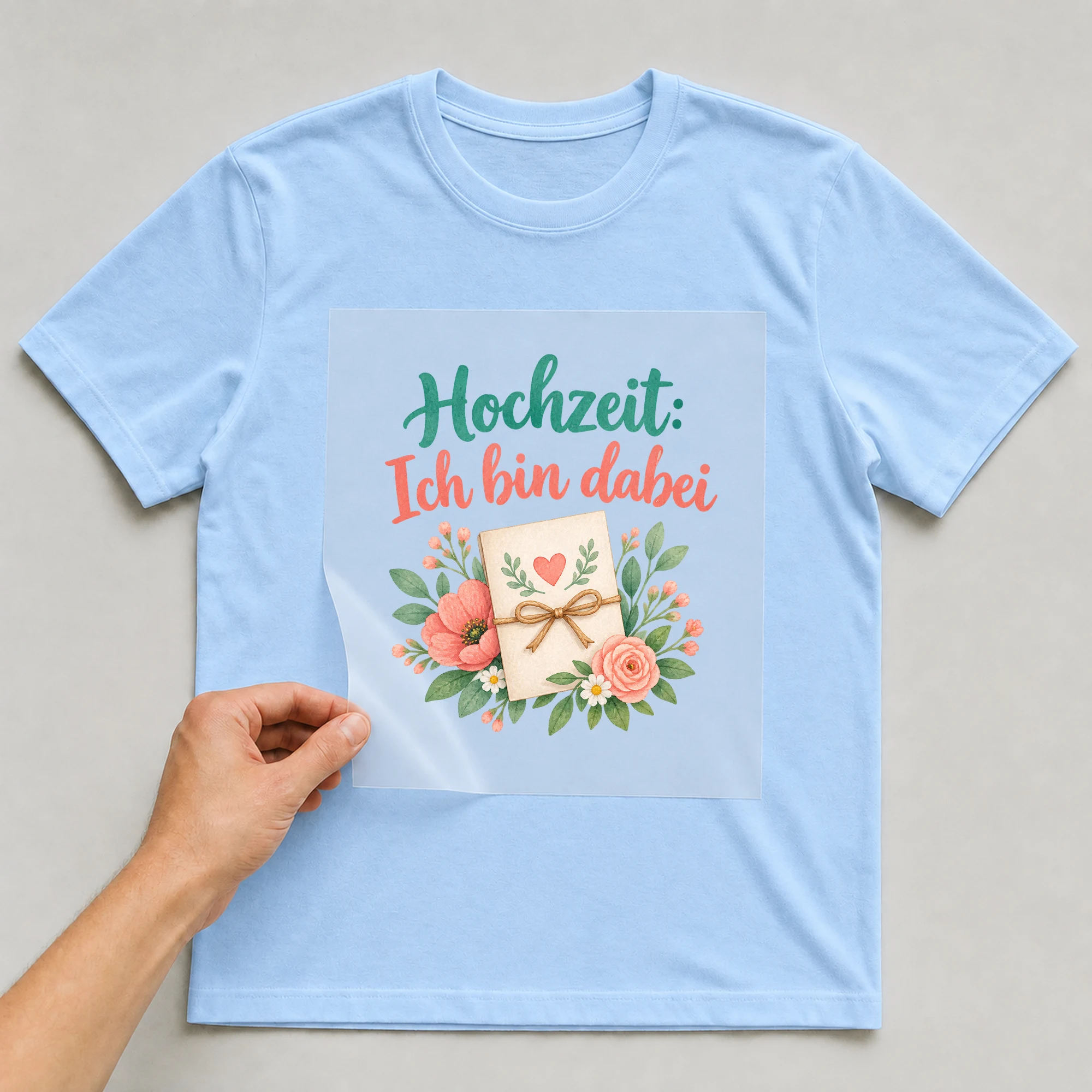 Bügelbild „Hochzeit: Ich bin dabei“ auf babyblauem T-Shirt, Folie wird aufgelegt