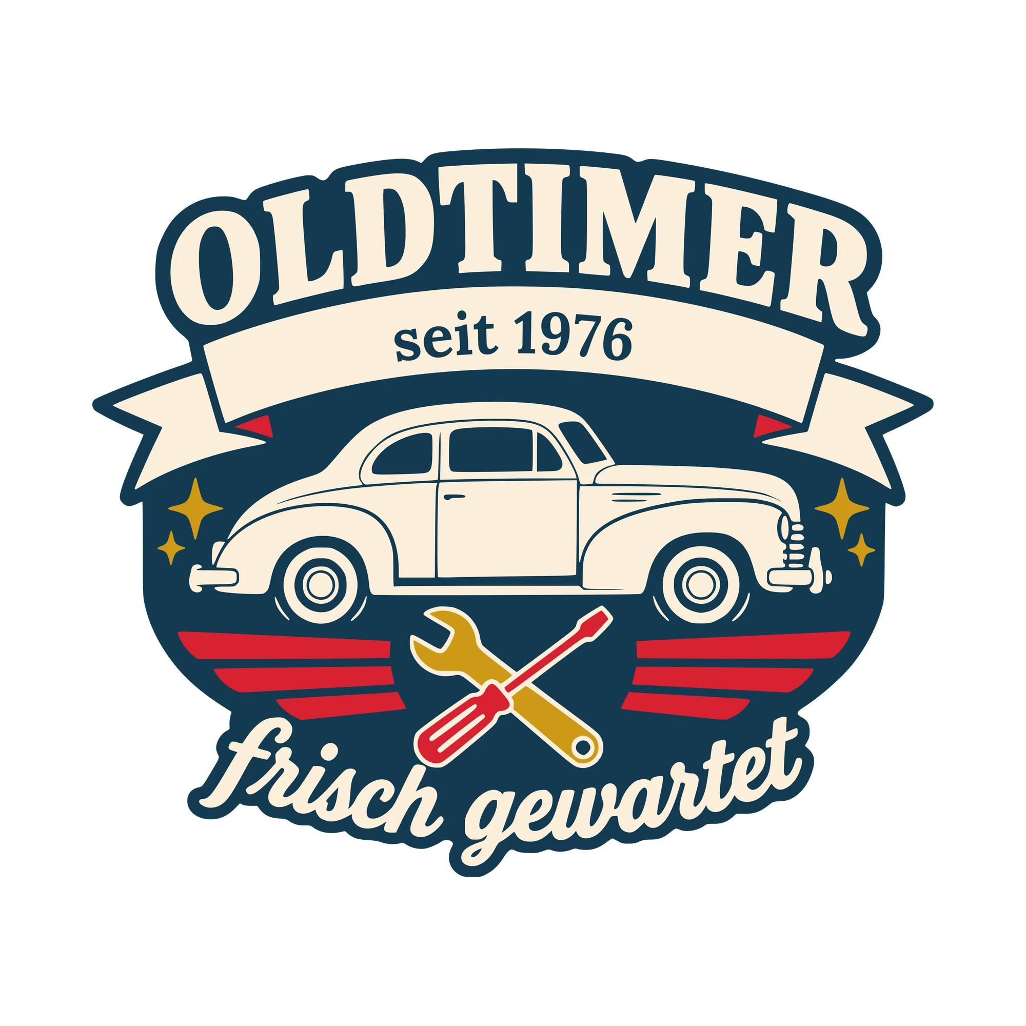 Bügelbild Oldtimer, frisch gewartet mit Jahr als Grafik auf weißem Hintergrund (BB010405)