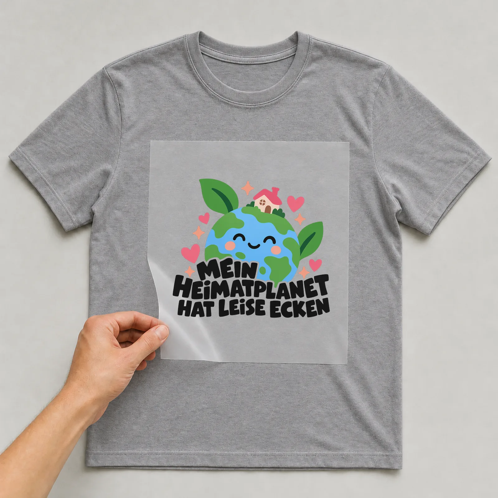 Bügelbild „Mein Heimatplanet hat leise ecken“ auf grauem T-Shirt, Folie wird aufgelegt