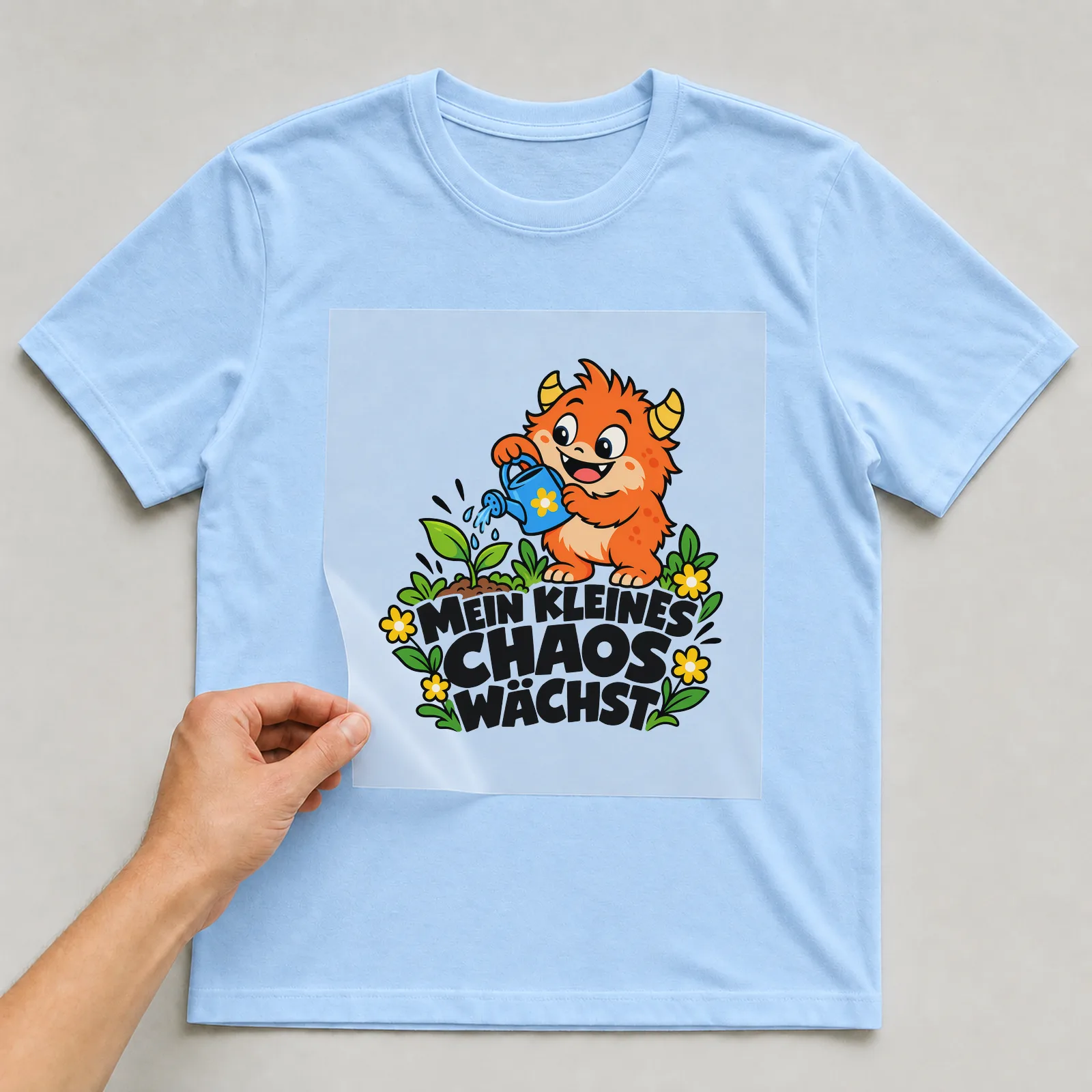 Bügelbild „Mein Kleines Chaos wächst“ auf hellblauem T-Shirt, Folie wird aufgelegt
