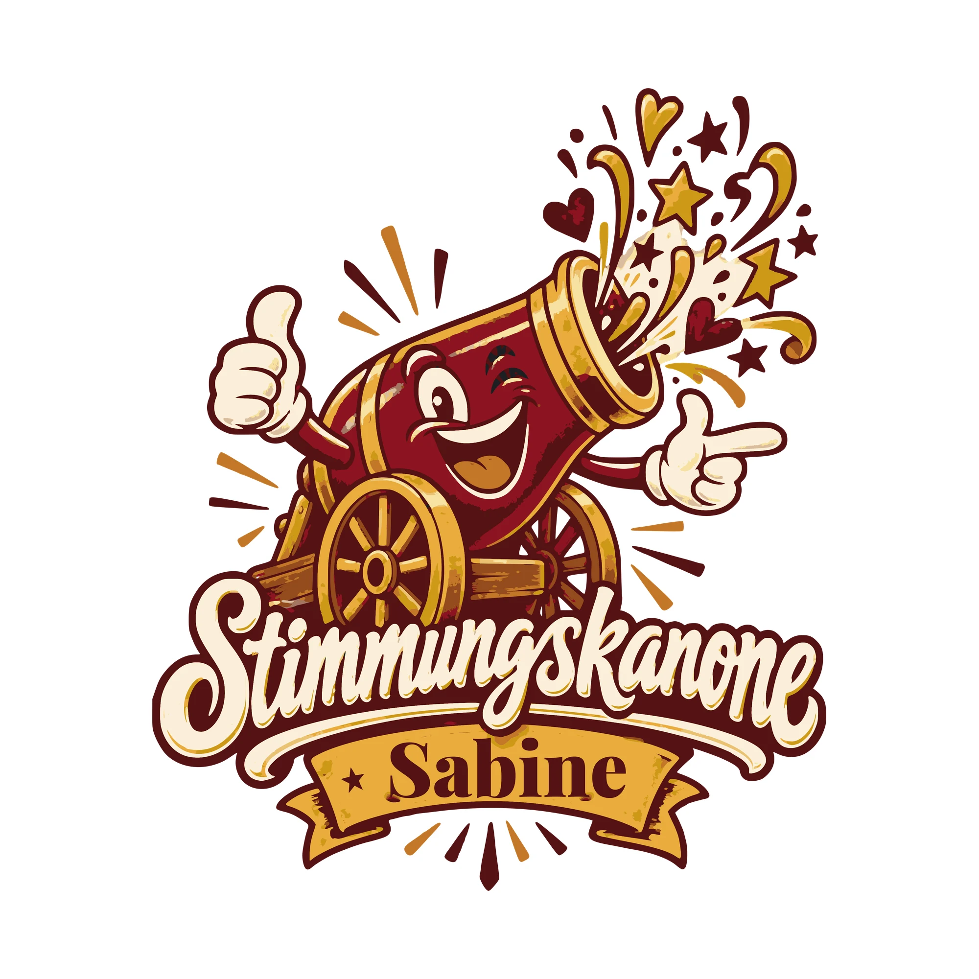 Bügelbild Stimmungskanone mit Name als Grafik auf weißem Hintergrund (BB011183)