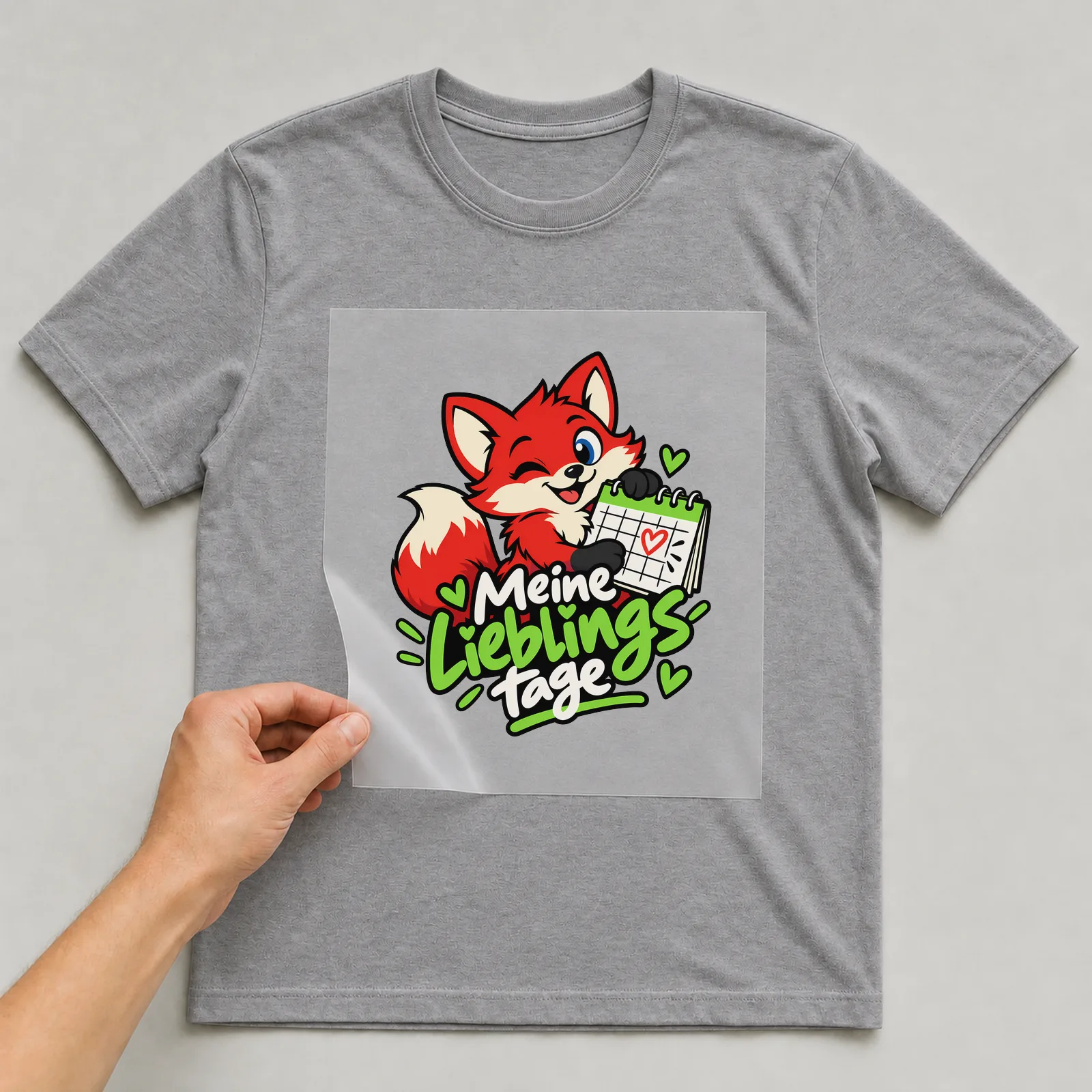 Bügelbild „Meine Lieblingstage“ auf grauem T-Shirt, Folie wird aufgelegt