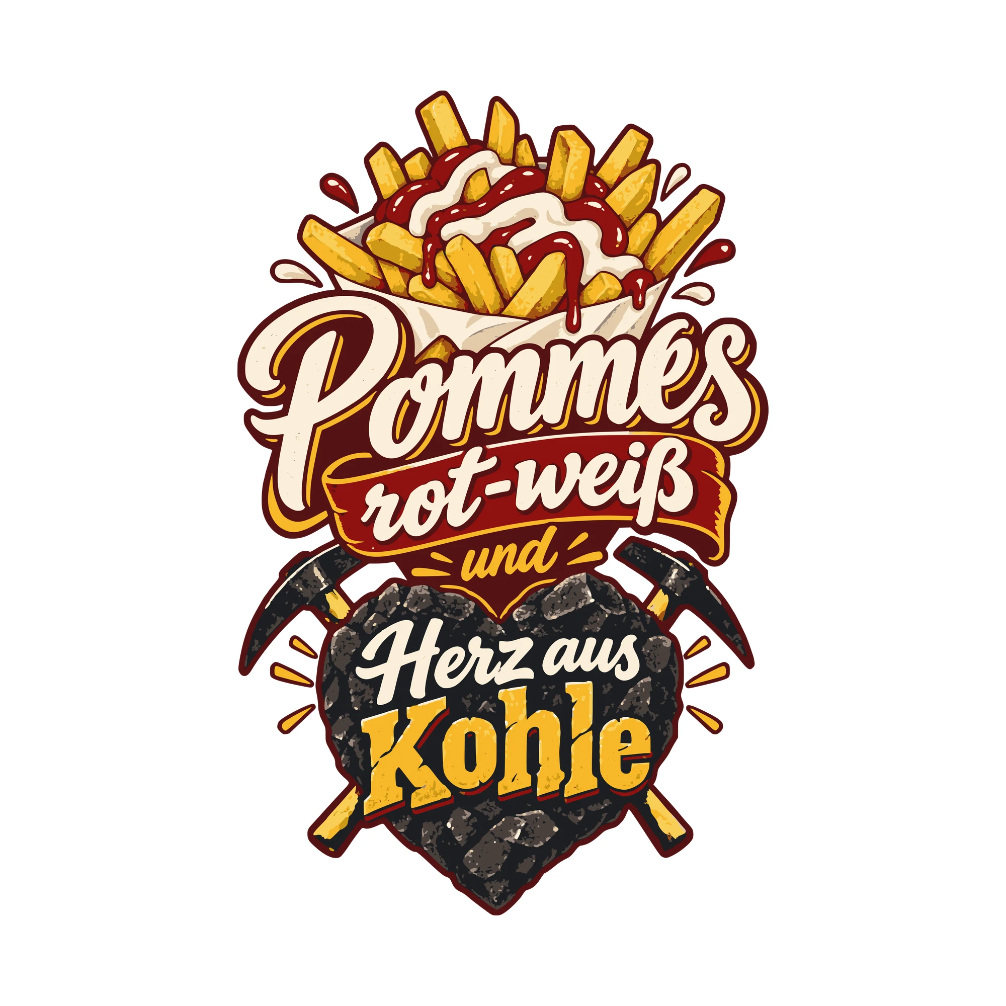 Bügelbild Pommes rot-weiß und Herz aus Kohle als Grafik auf weißem Hintergrund (BB011278)