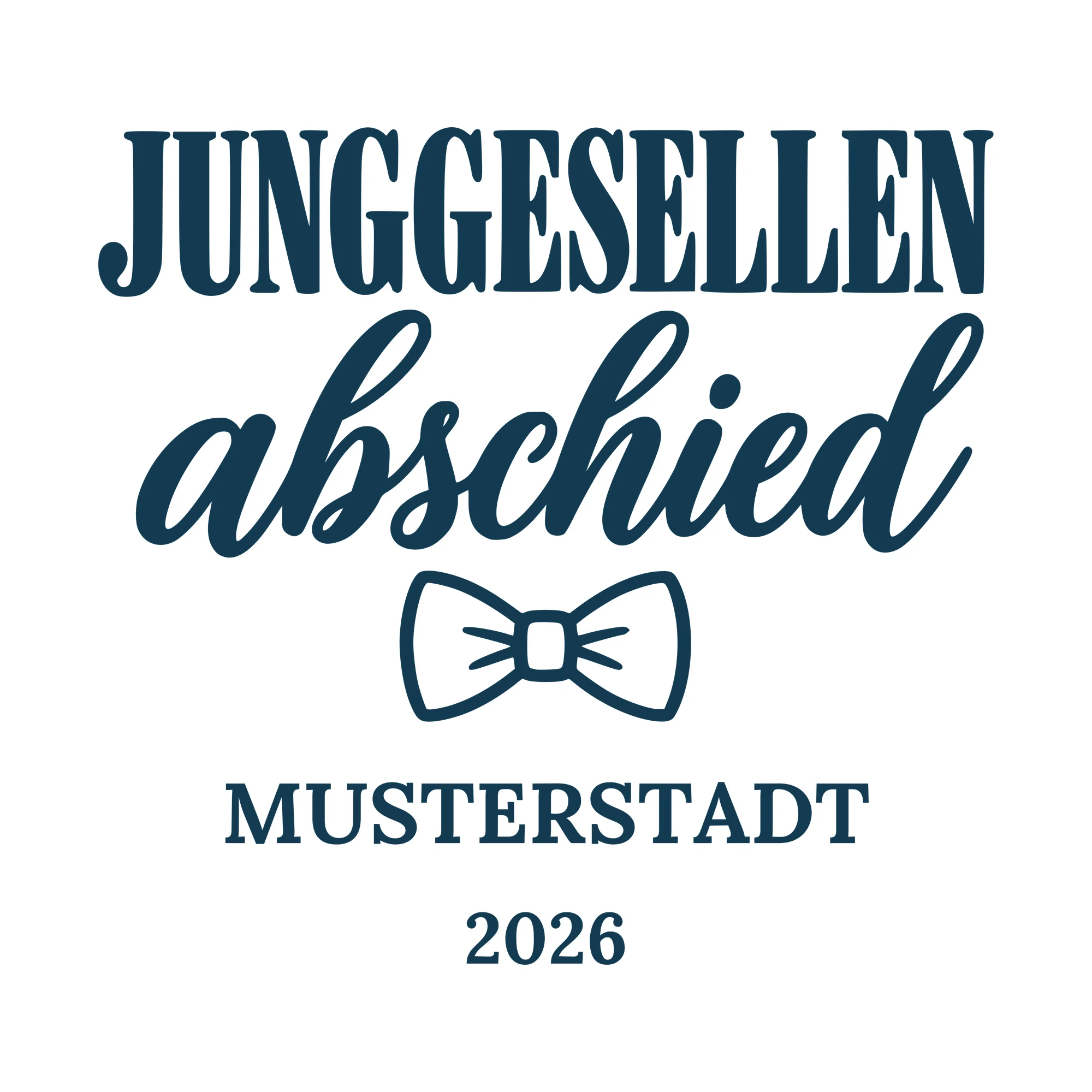 Bügelbild Junggesellenabschied mit Ort und Jahr als Grafik auf weißem Hintergrund (BB010687)