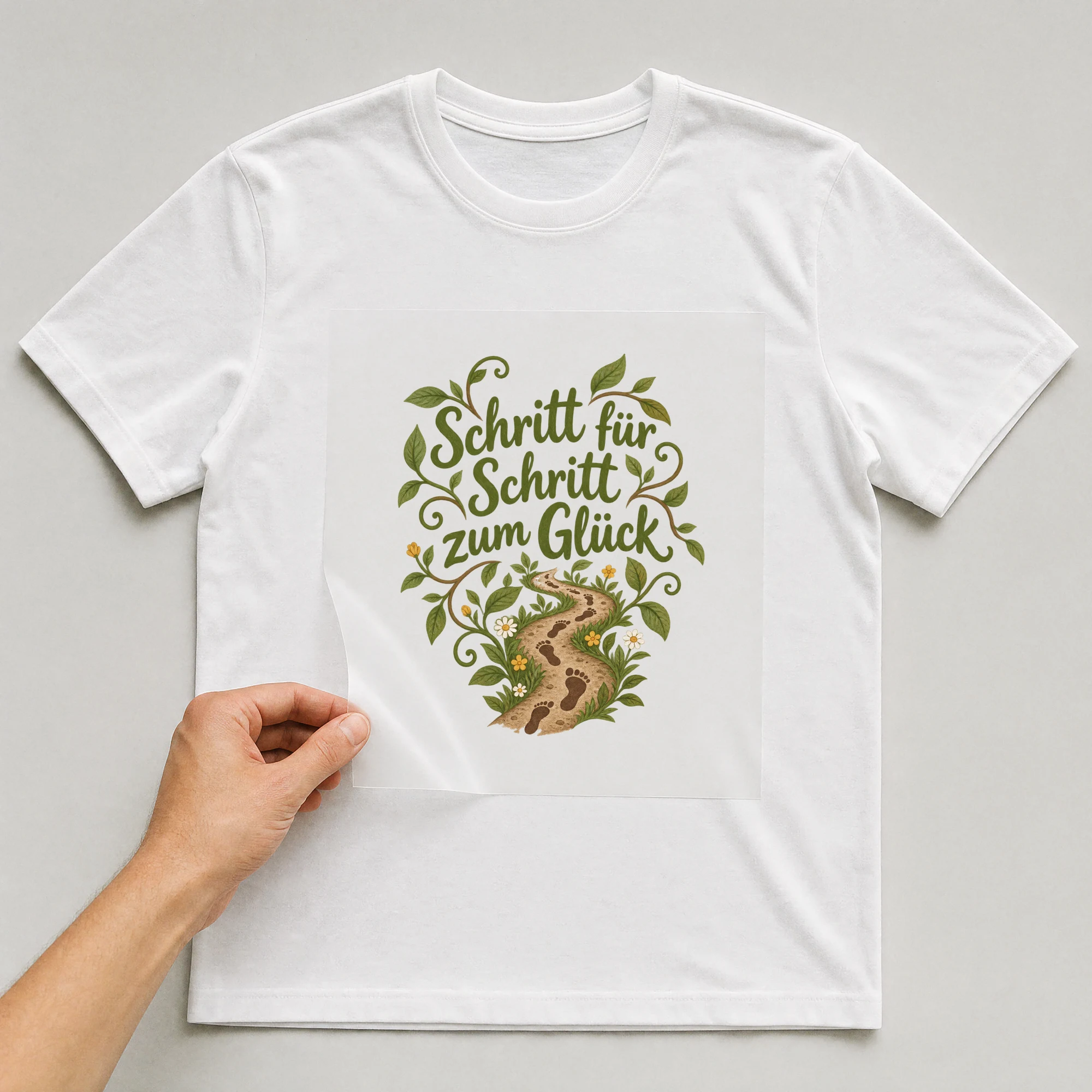 Bügelbild „Schritt für Schritt zum Glück“ auf weißem T-Shirt, Folie wird aufgelegt