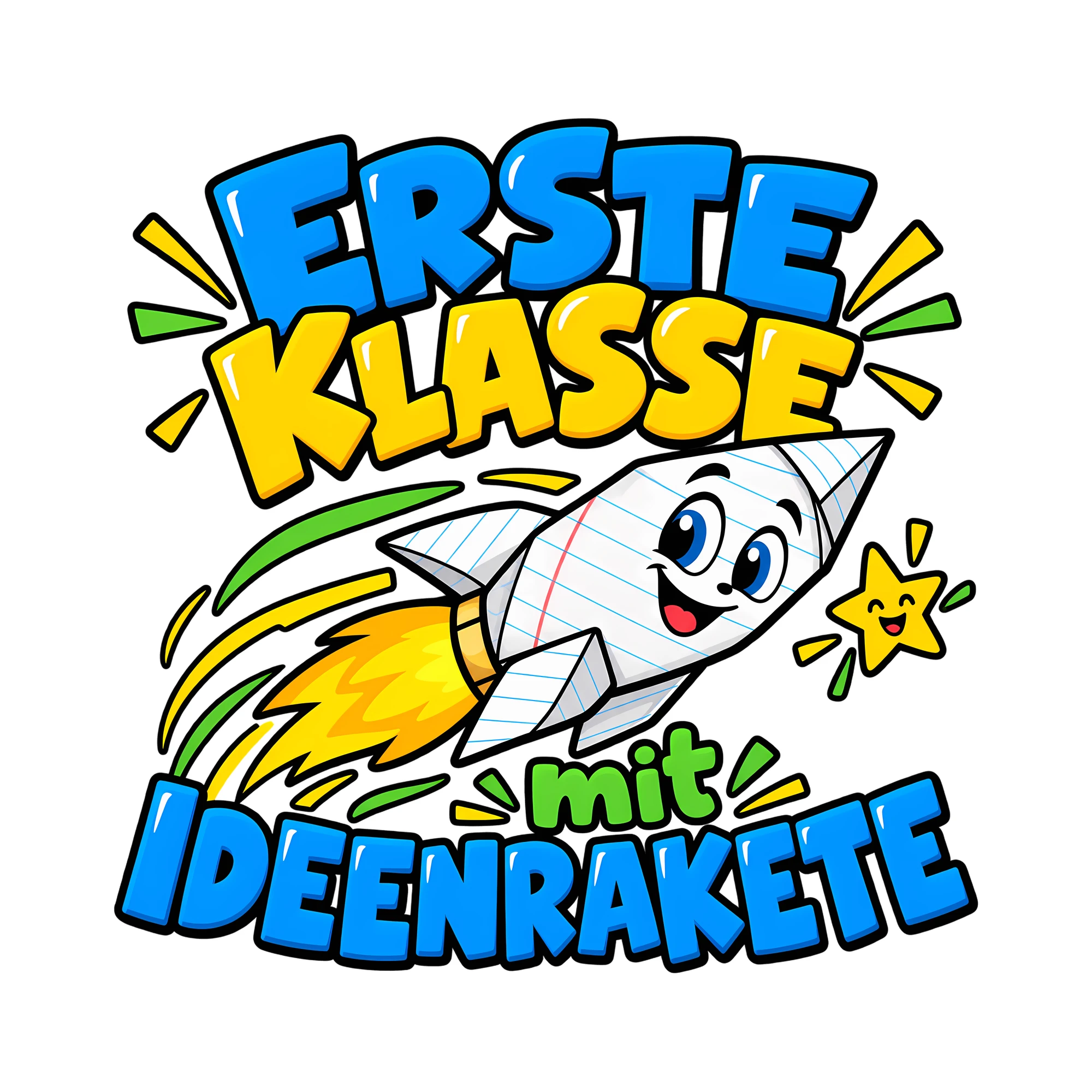 Bügelbild Erste Klasse mit Ideenrakete als Grafik auf weißem Hintergrund (BB012034)