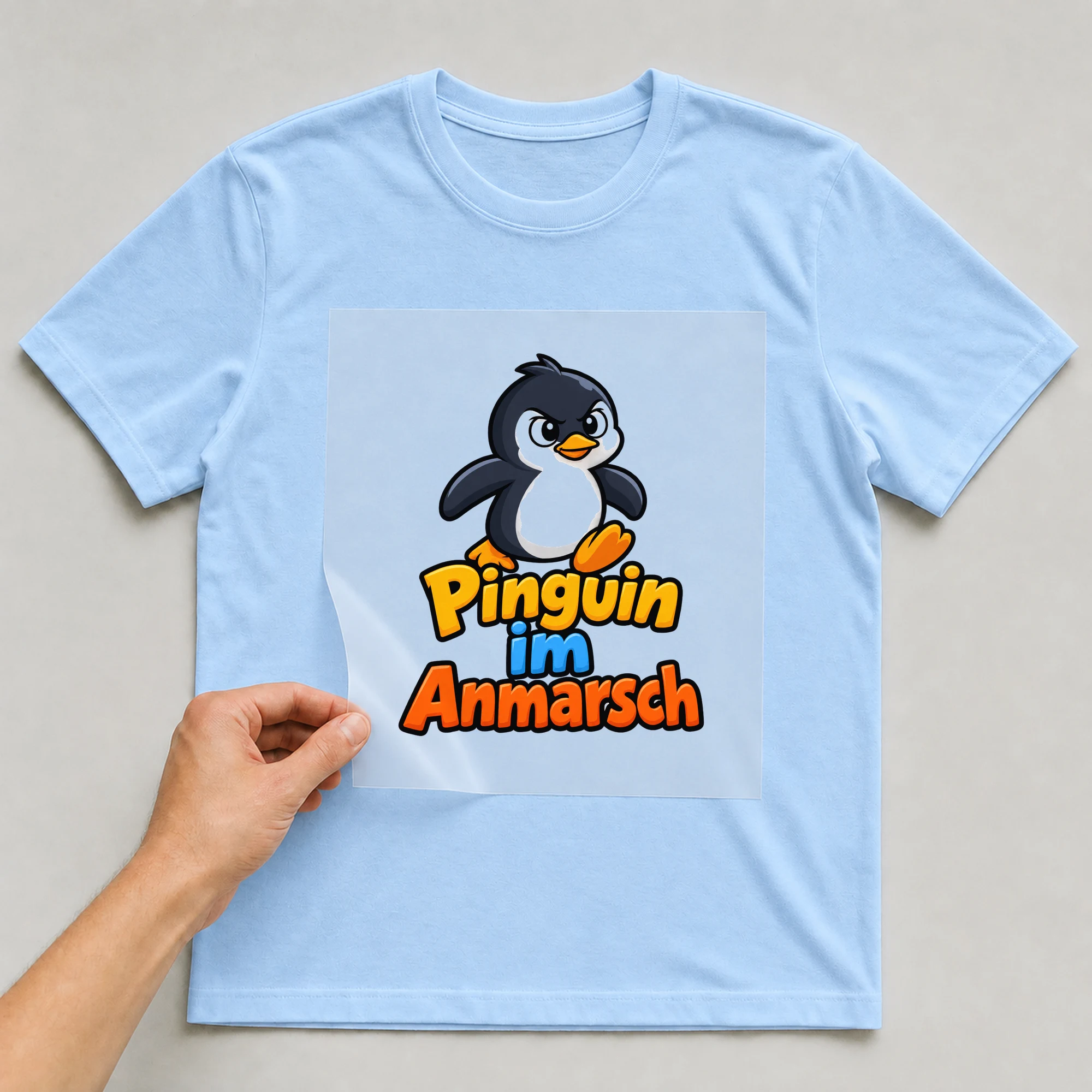 Bügelbild „Pinguin im Anmarsch“ auf babyblauem T-Shirt, Folie wird aufgelegt