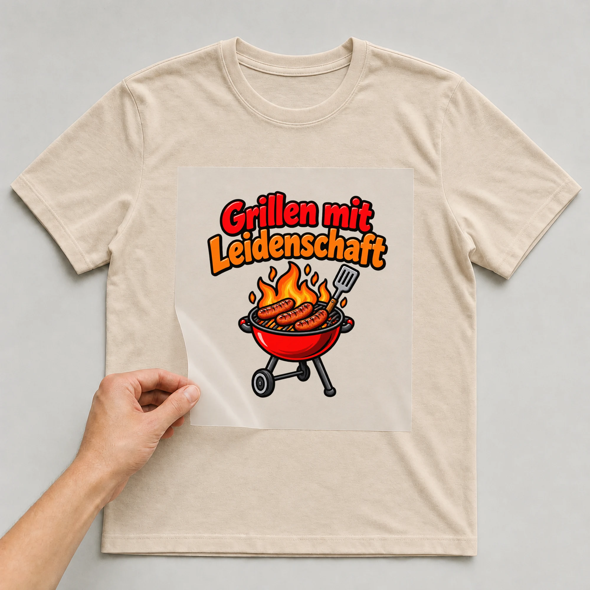 Bügelbild „Grillen mit Leidenschaft“ auf beigem T-Shirt, Folie wird aufgelegt