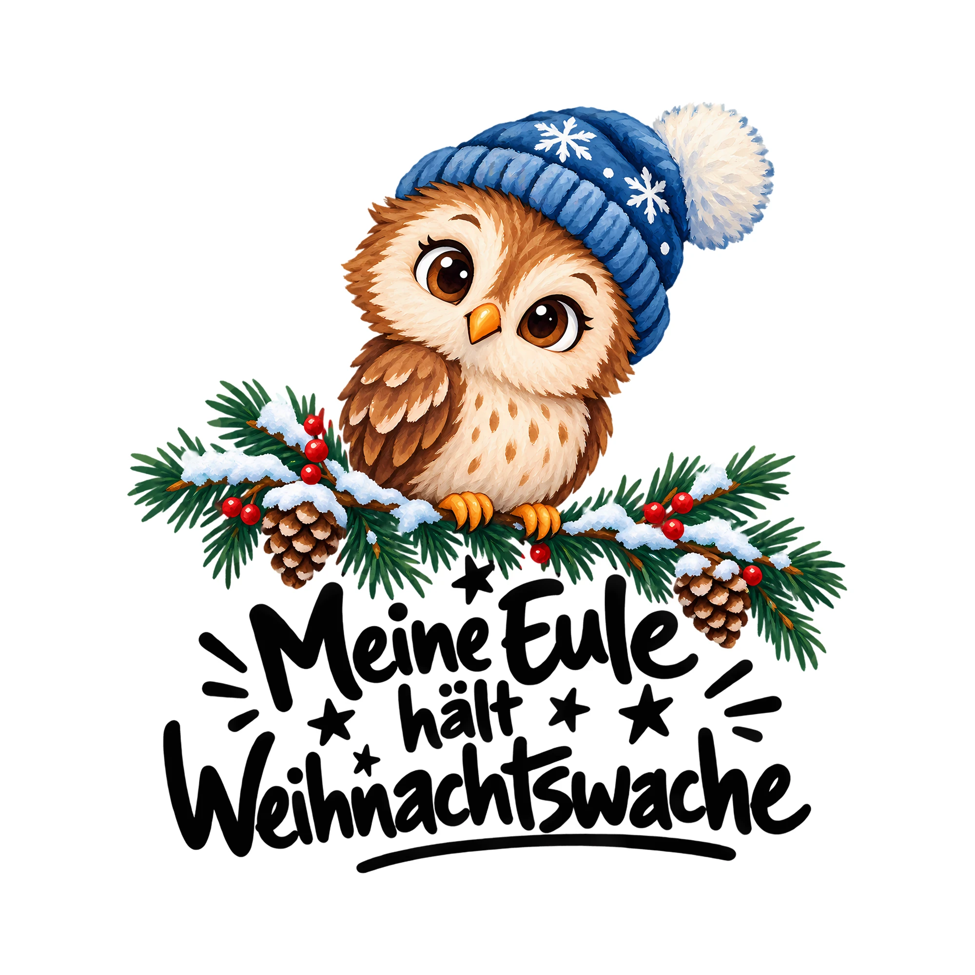 Bügelbild Meine Eule hält Weihnachtswache als Grafik auf weißem Hintergrund (BB013929)