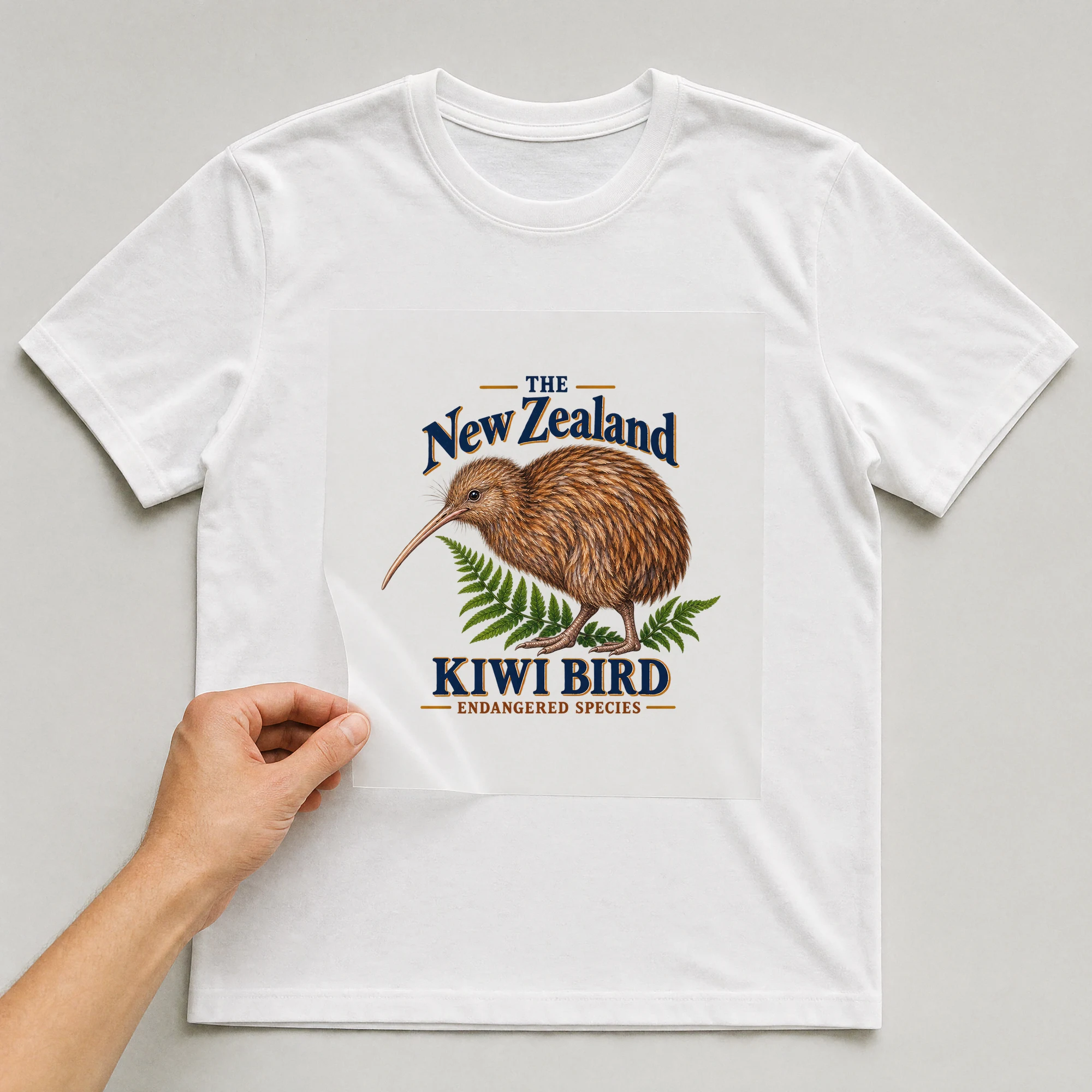 Bügelbild „The New Zealand Kiwi Bird Endangered Species“ auf weißem T-Shirt, Folie wird aufgelegt