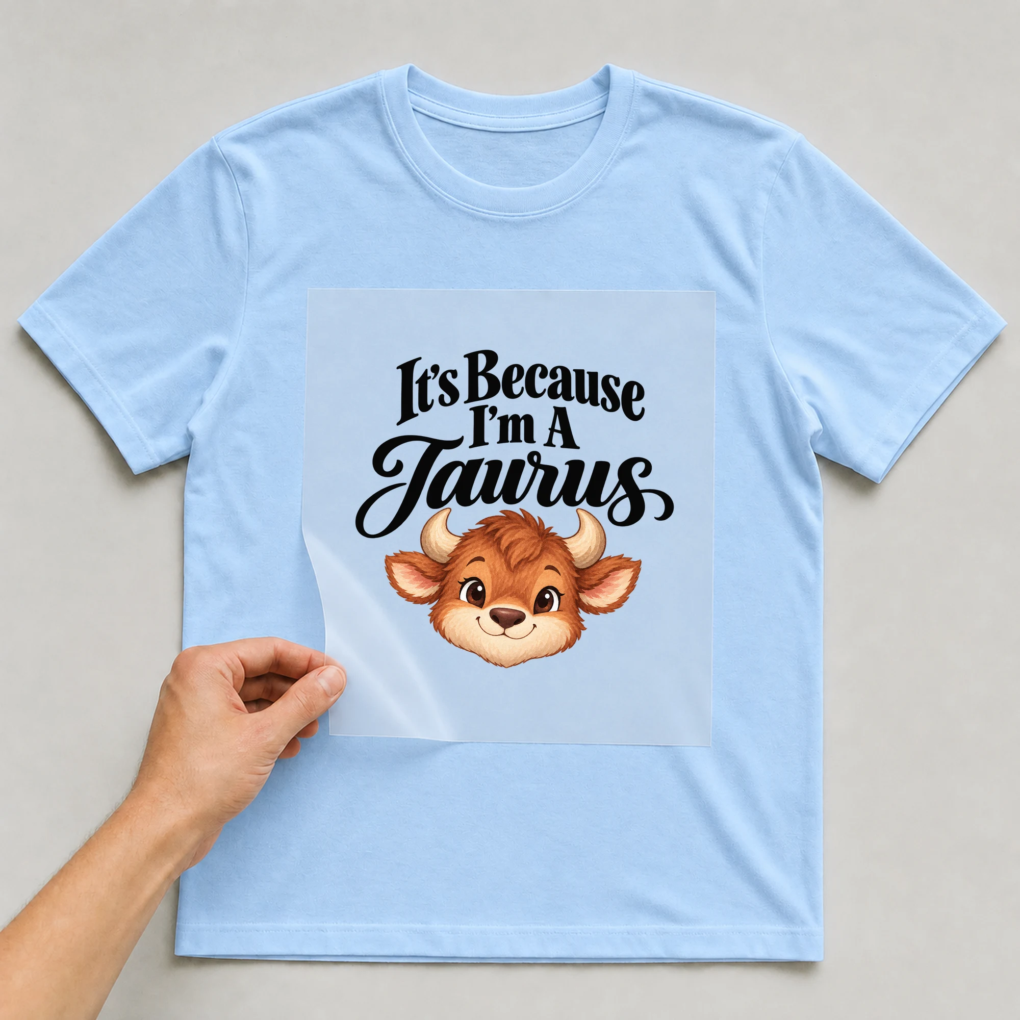 Bügelbild „It's Because I'm A Taurus“ auf babyblauem T-Shirt, Folie wird aufgelegt