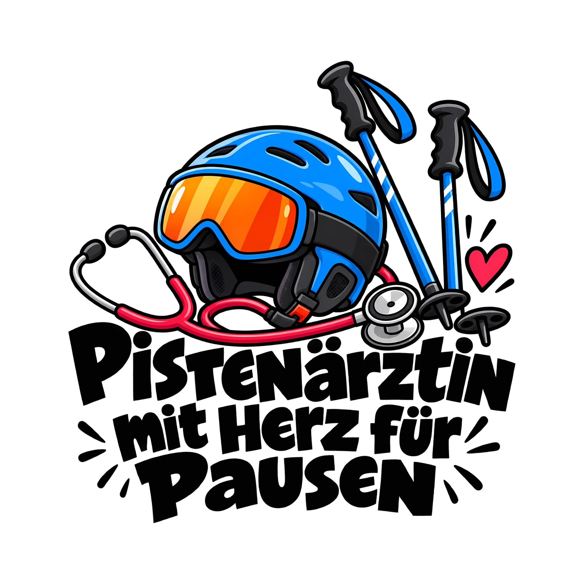 Bügelbild Pistenärztin mit Herz für Pausen als Grafik auf weißem Hintergrund (BB011754)