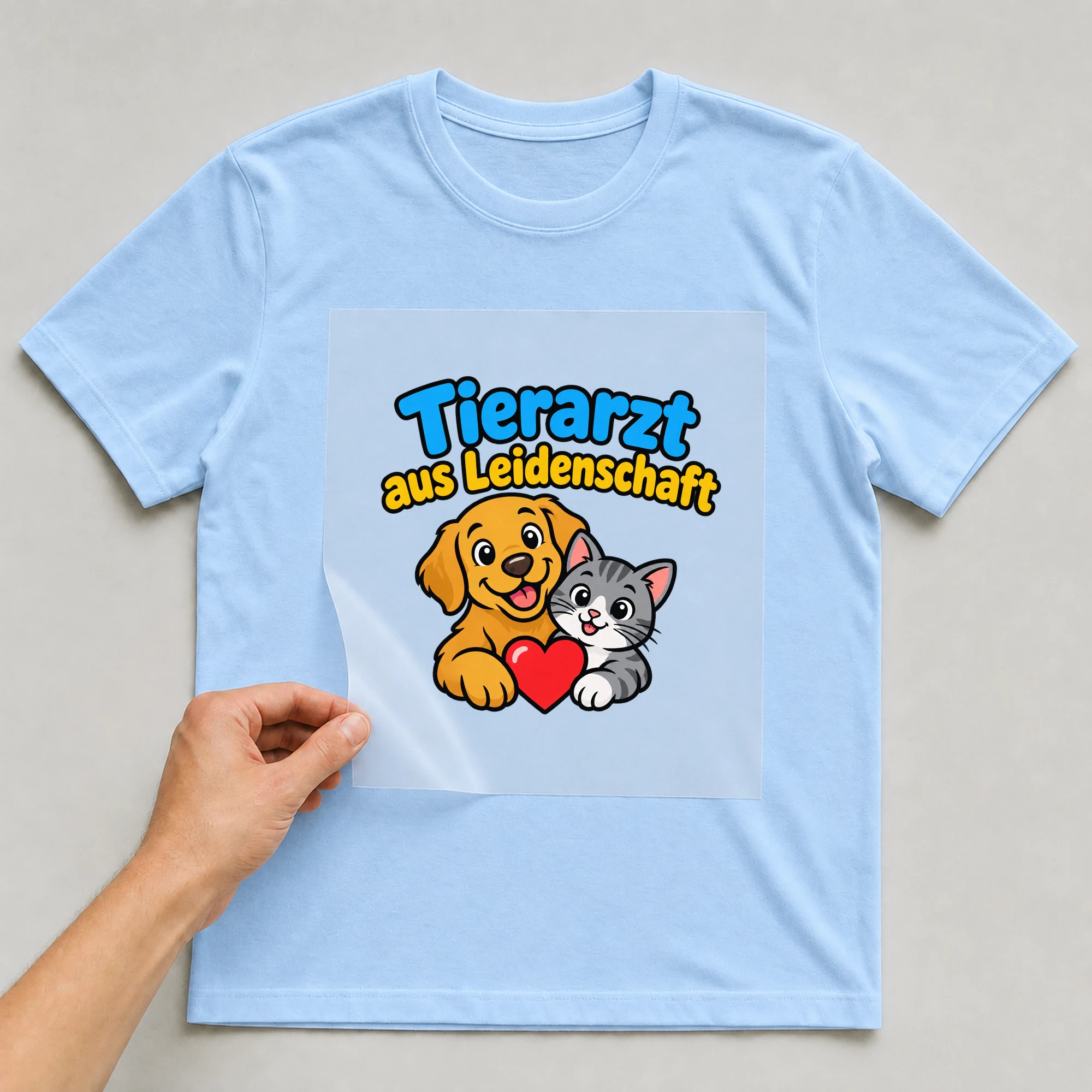 Bügelbild „Tierarzt aus Leidenschaft“ auf babyblauem T-Shirt, Folie wird aufgelegt