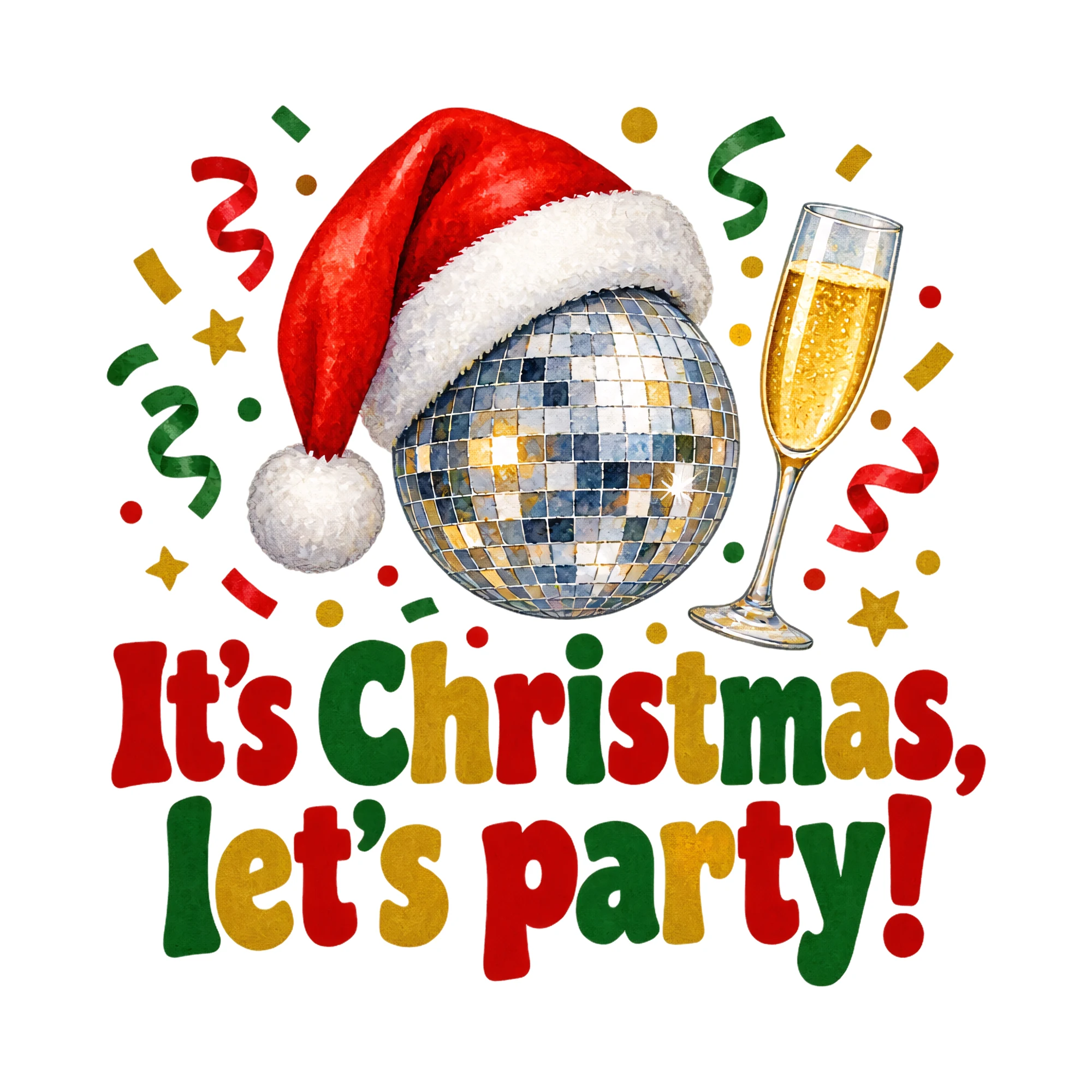 Bügelbild It's Christmas, let's party!, Weihnachtspullover Spruch als Grafik auf weißem Hintergrund (BB017218)