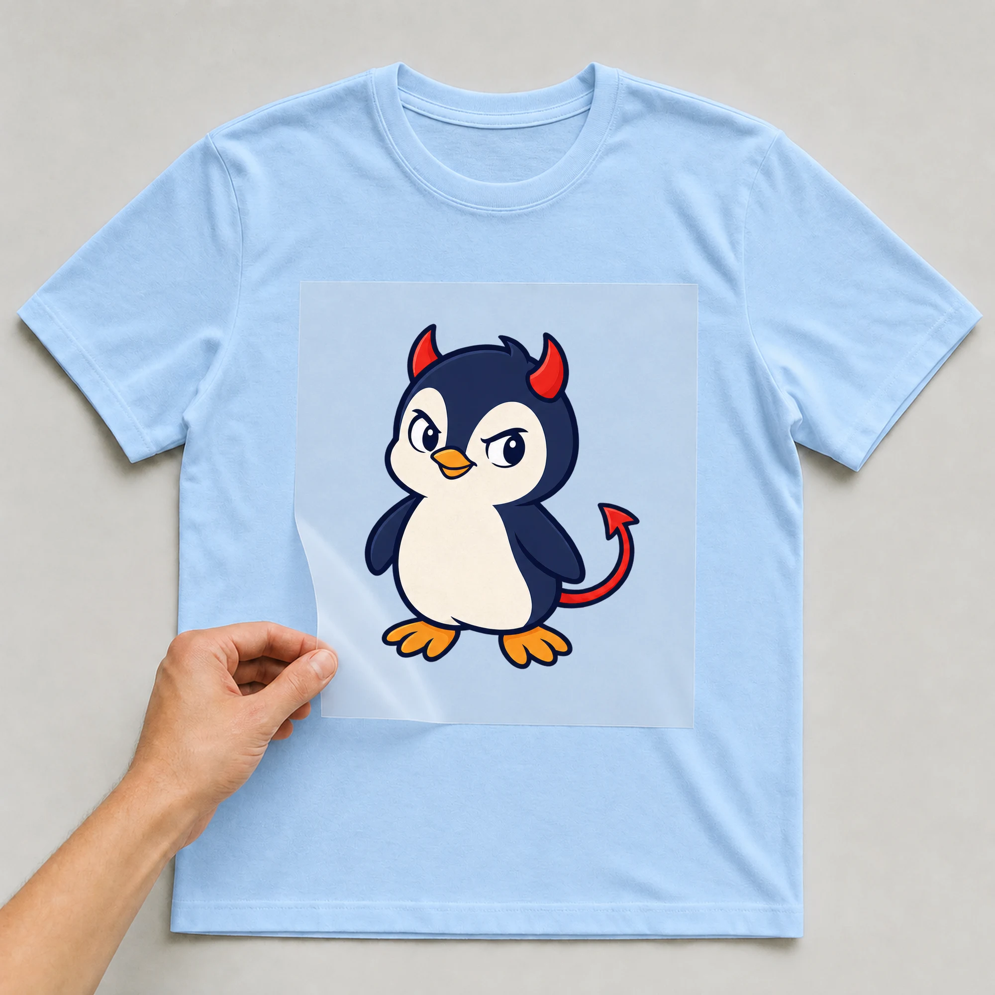 Bügelbild „Pinguin mit Teufelshörnern“ auf babyblauem T-Shirt, Folie wird aufgelegt