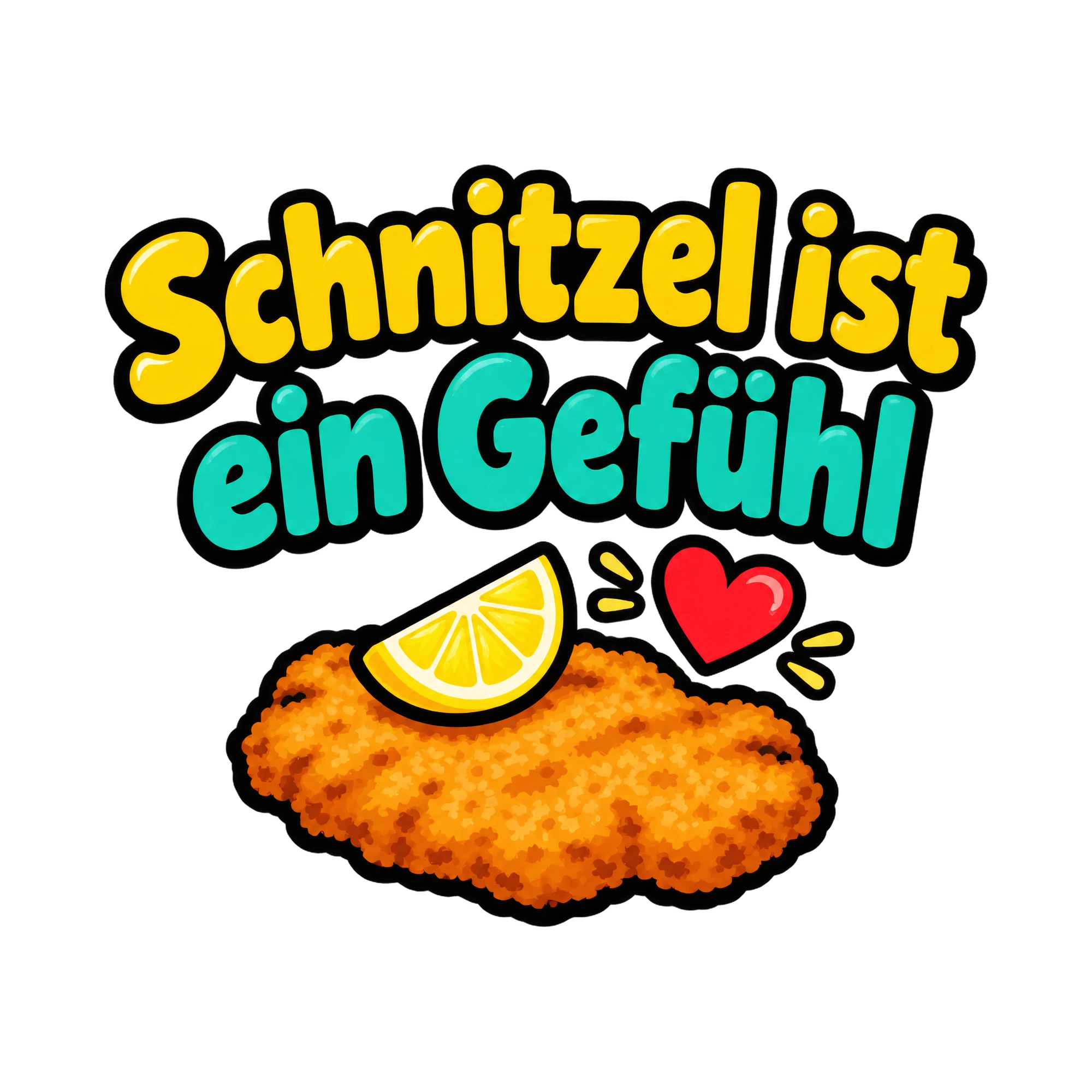Bügelbild Schnitzel ist ein Gefühl als Grafik auf weißem Hintergrund (BB018502)